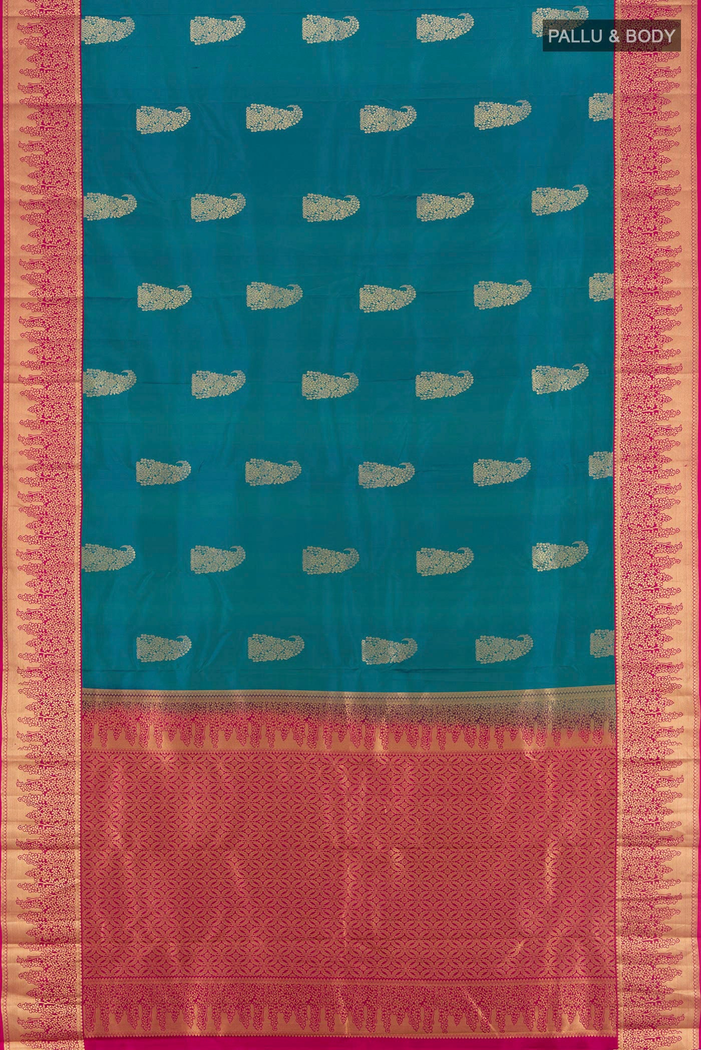 Flat view of Peacock Blue Kanjivaram Silk Saree with Zari Butta on the body and Zari Border. 
