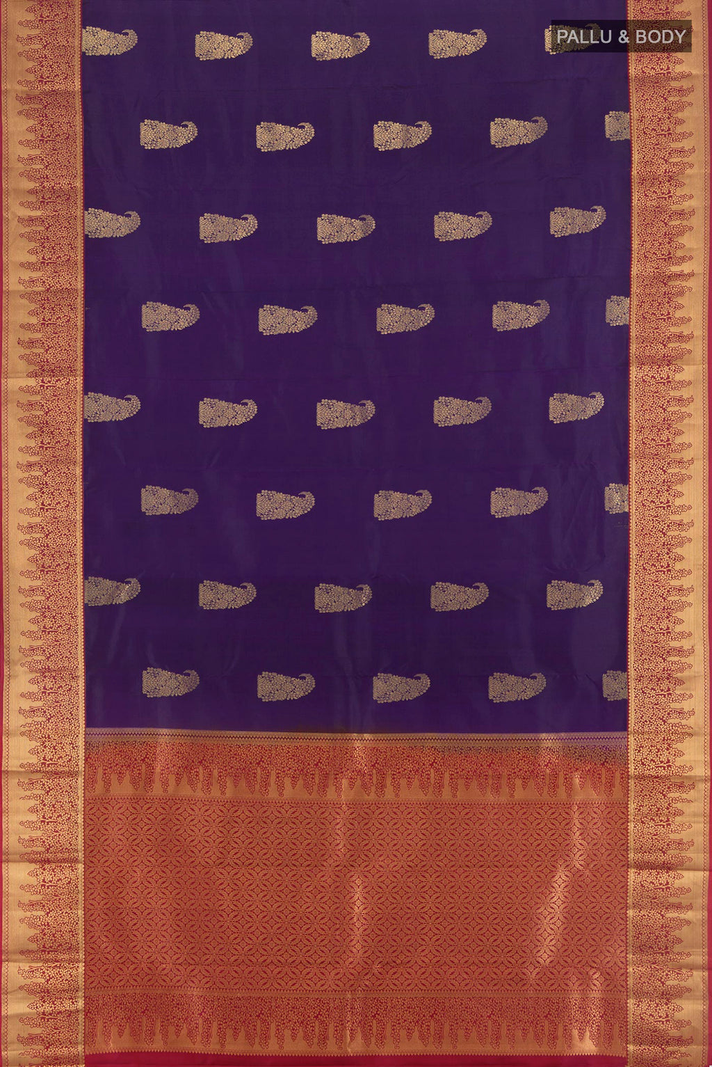 Flat view of Violet Kanjivaram Silk Saree with Zari Butta on the body and Zari Border. 