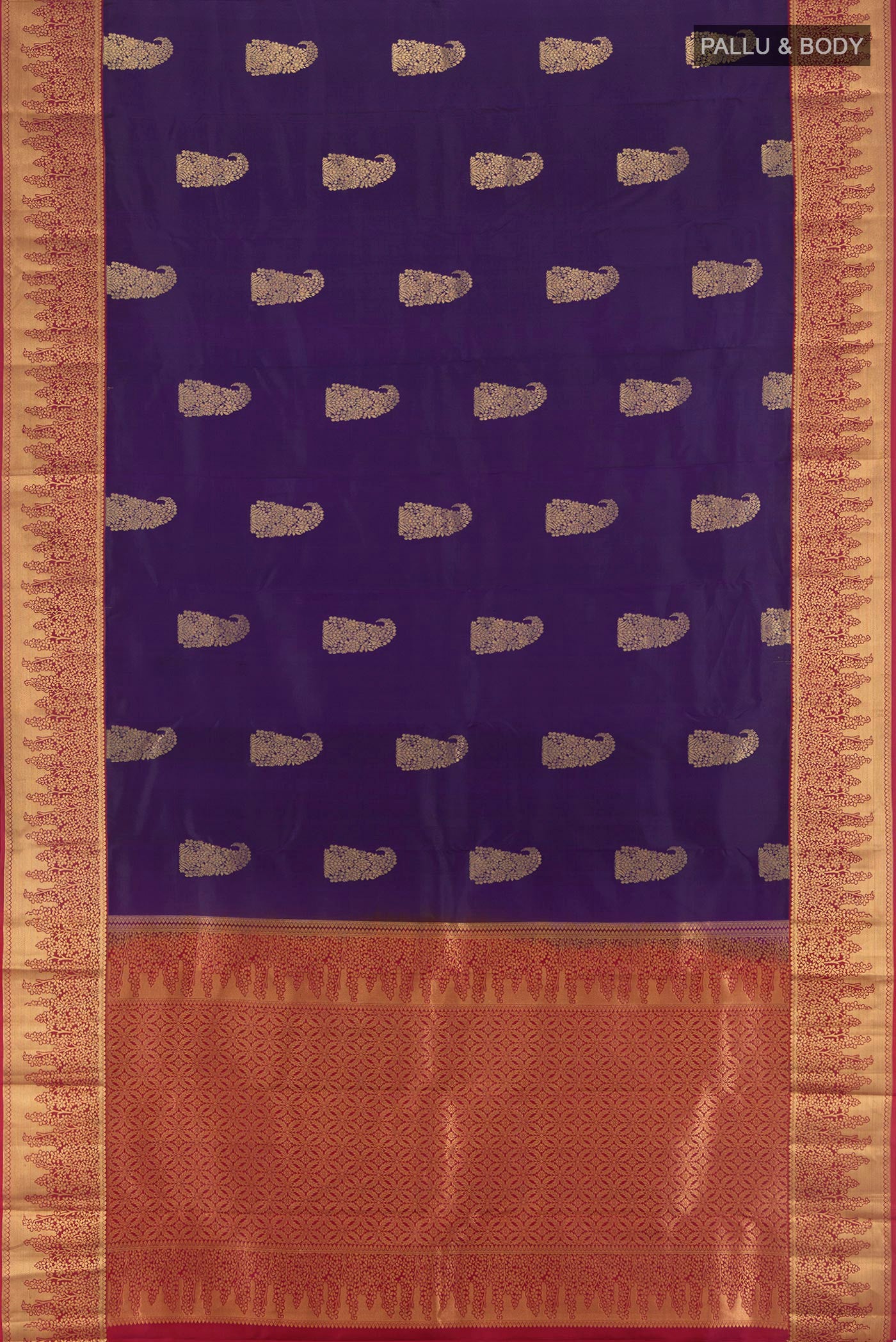 Flat view of Violet Kanjivaram Silk Saree with Zari Butta on the body and Zari Border. 
