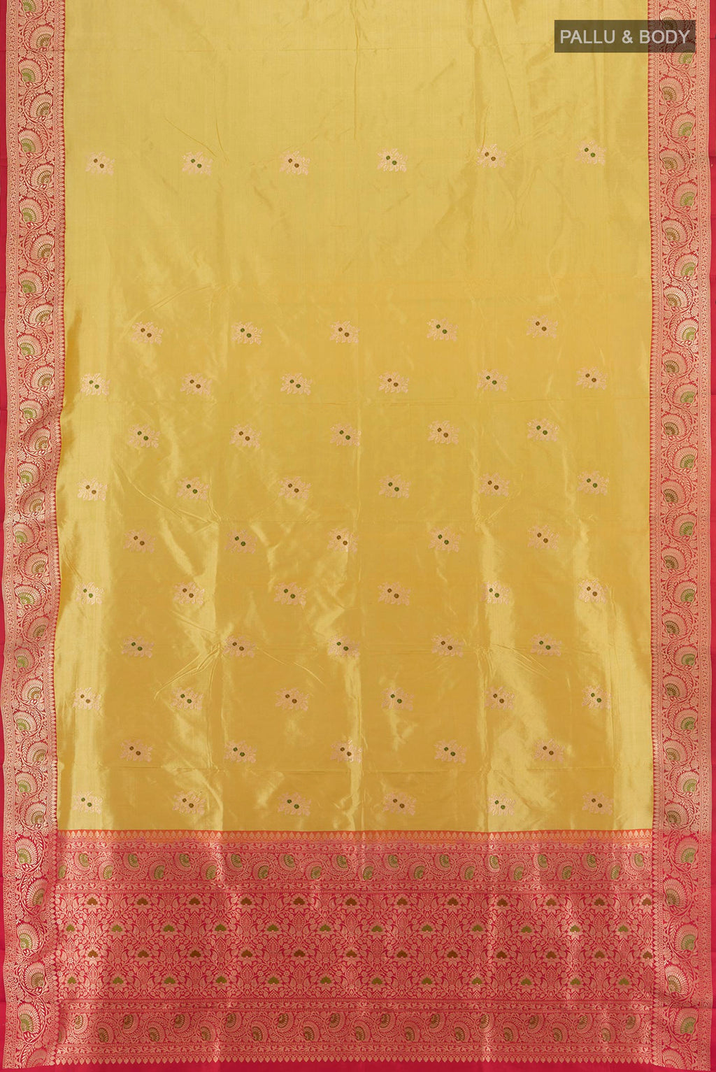 Flat view of Sandal Banarasi Katan Silk Saree with Zari Butta on the body and Zari Border. 