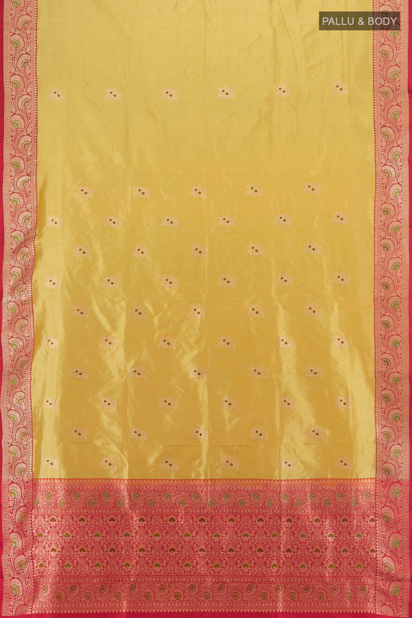 Flat view of Sandal Banarasi Katan Silk Saree with Zari Butta on the body and Zari Border. 