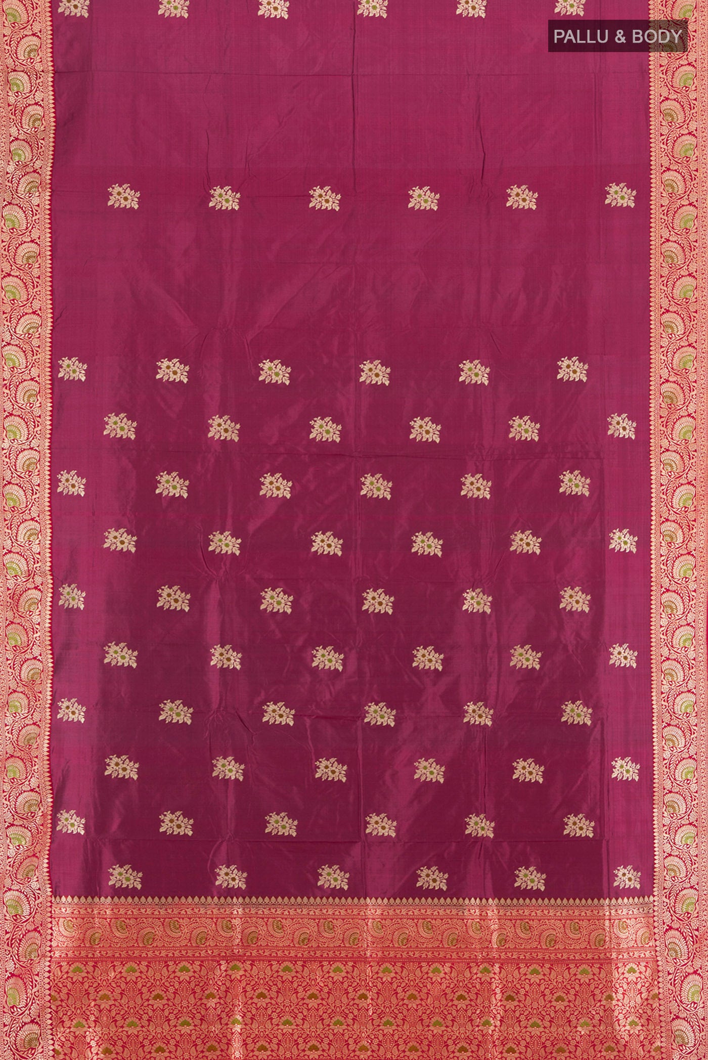 Flat view of Maroon Banarasi Katan Silk Saree with Zari Butta on the body and Zari Border. 