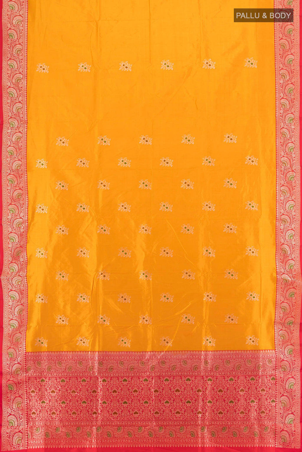 Flat view of Yellow Banarasi Katan Silk Saree with Zari Butta on the body and Zari Border. 