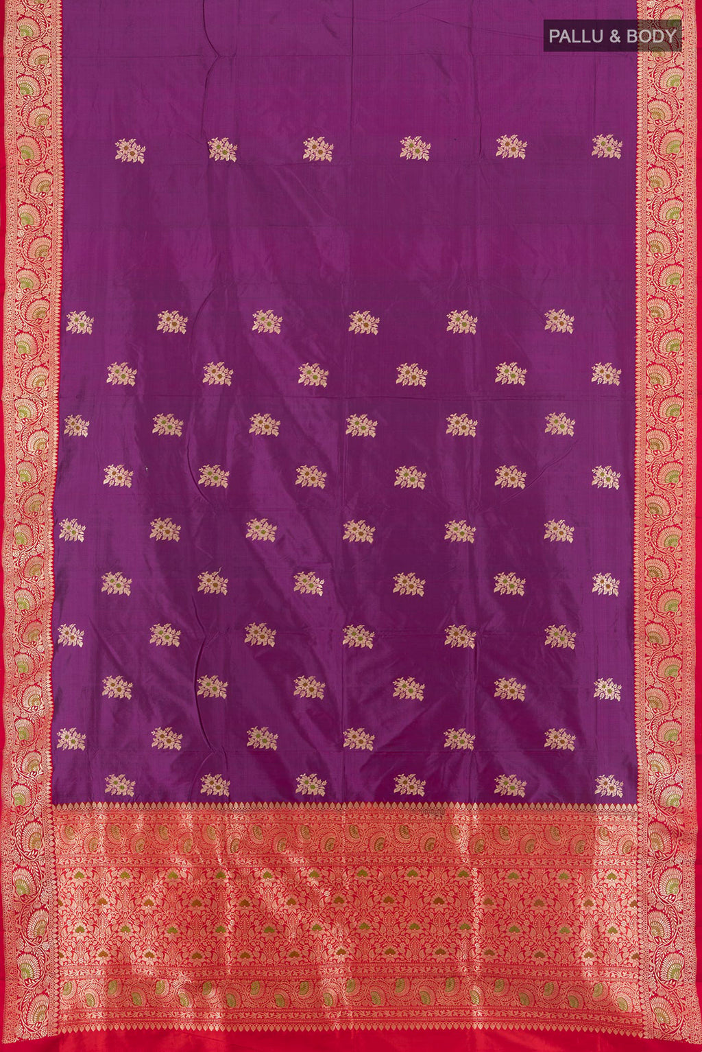 Flat view of Purple Banarasi Katan Silk Saree with Zari Butta on the body and Zari Border. 