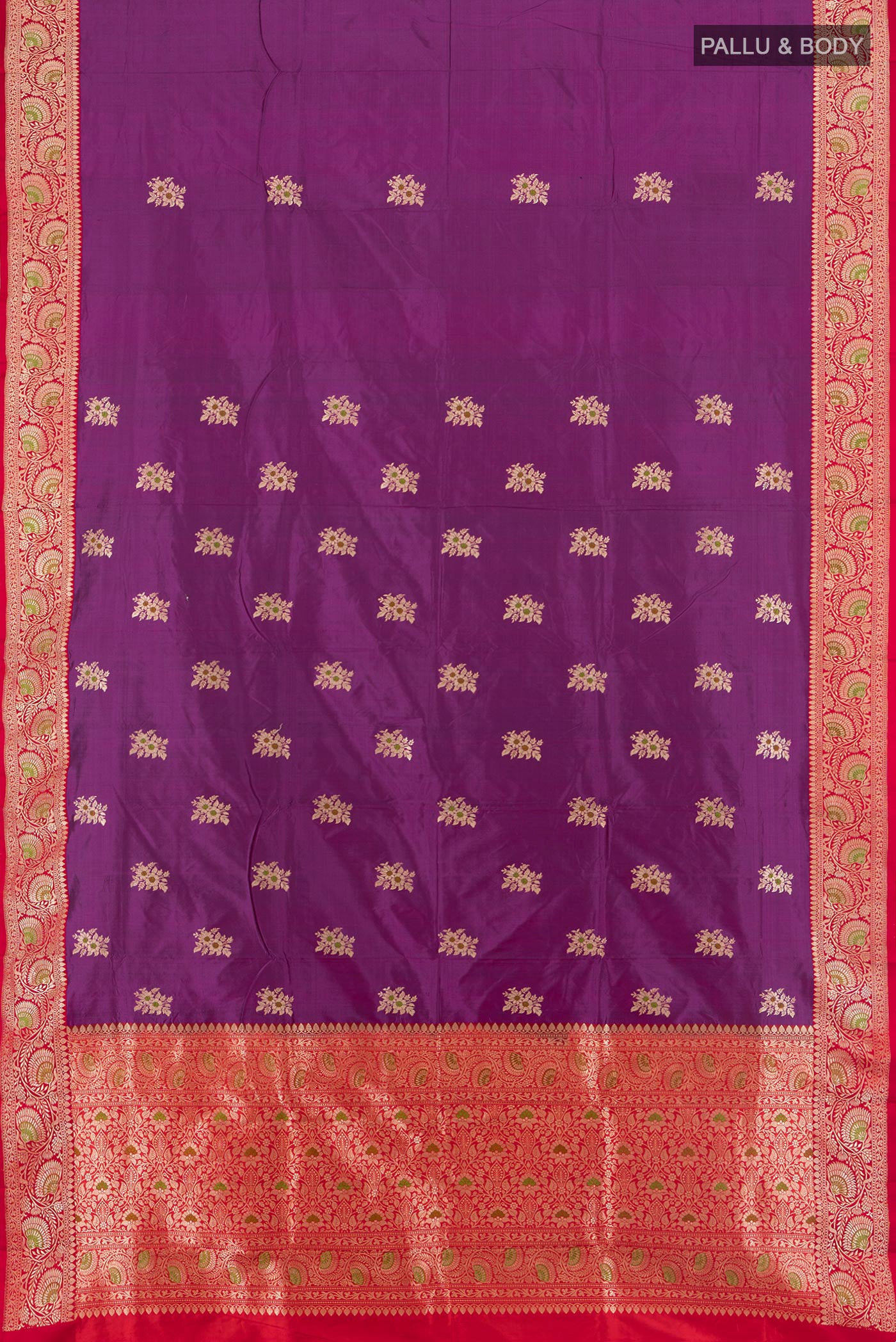 Flat view of Purple Banarasi Katan Silk Saree with Zari Butta on the body and Zari Border. 