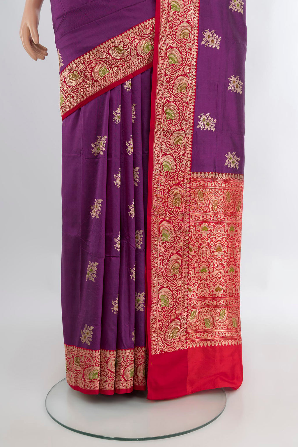Pleats and pallu of Purple Banarasi Katan Silk Saree with Zari Butta on the body and Zari Border. 