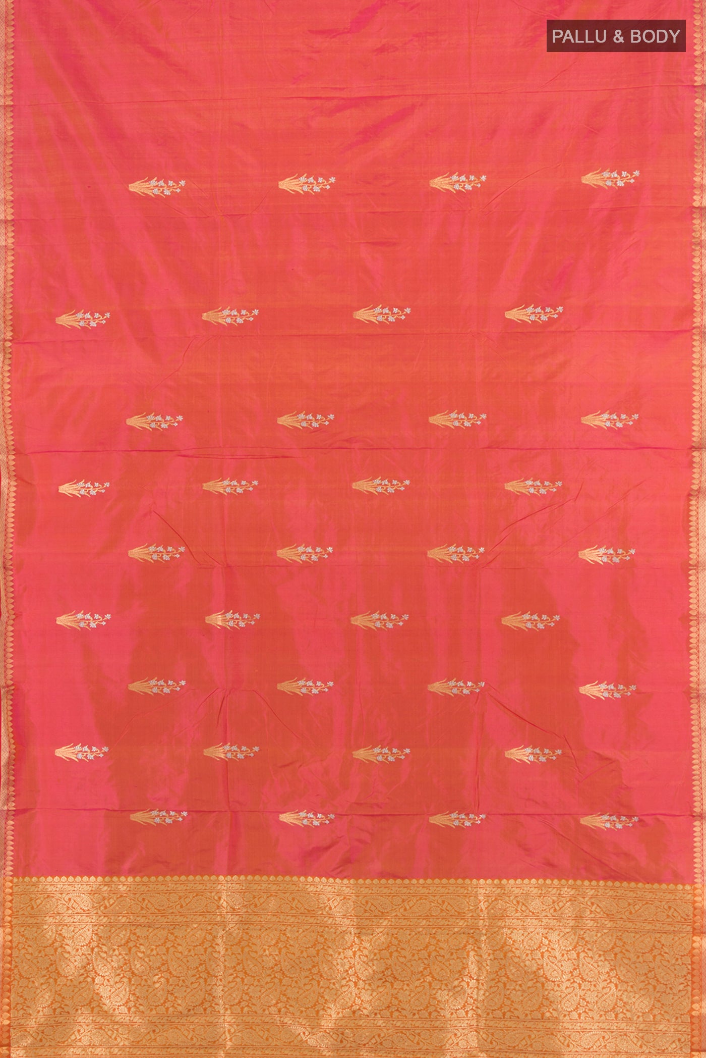 Flat view of Pink Banarasi Katan Silk Saree with Zari Butta on the body and Zari Border. 