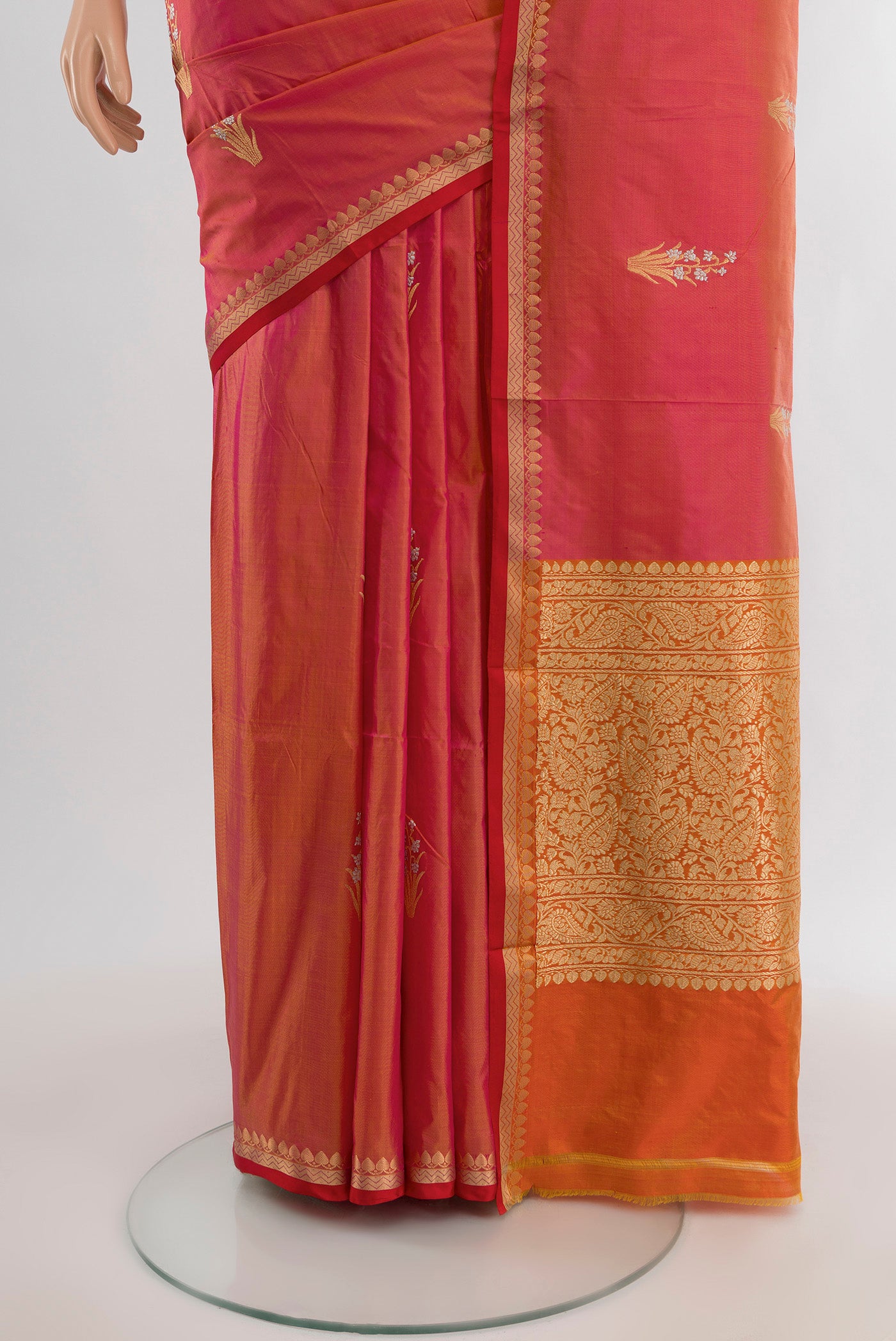 Pleats and pallu of Pink Banarasi Katan Silk Saree with Zari Butta on the body and Zari Border. 
