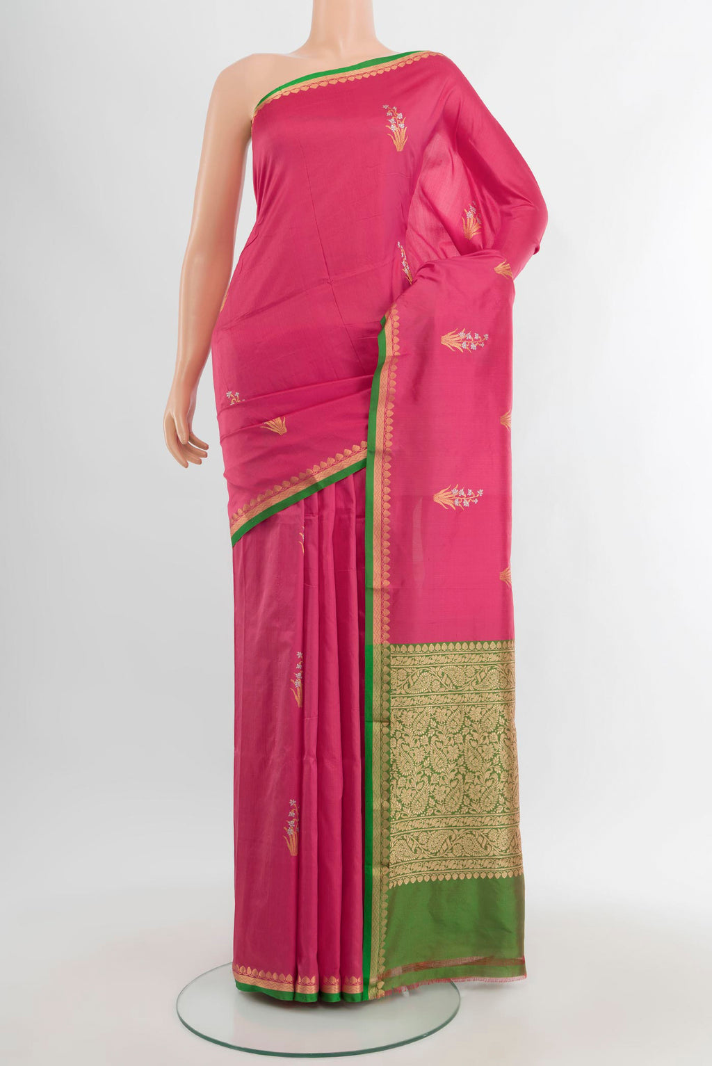 Pink Banarasi Katan Silk Saree with Zari Butta on the body and Zari Border.  displayed on a mannequin