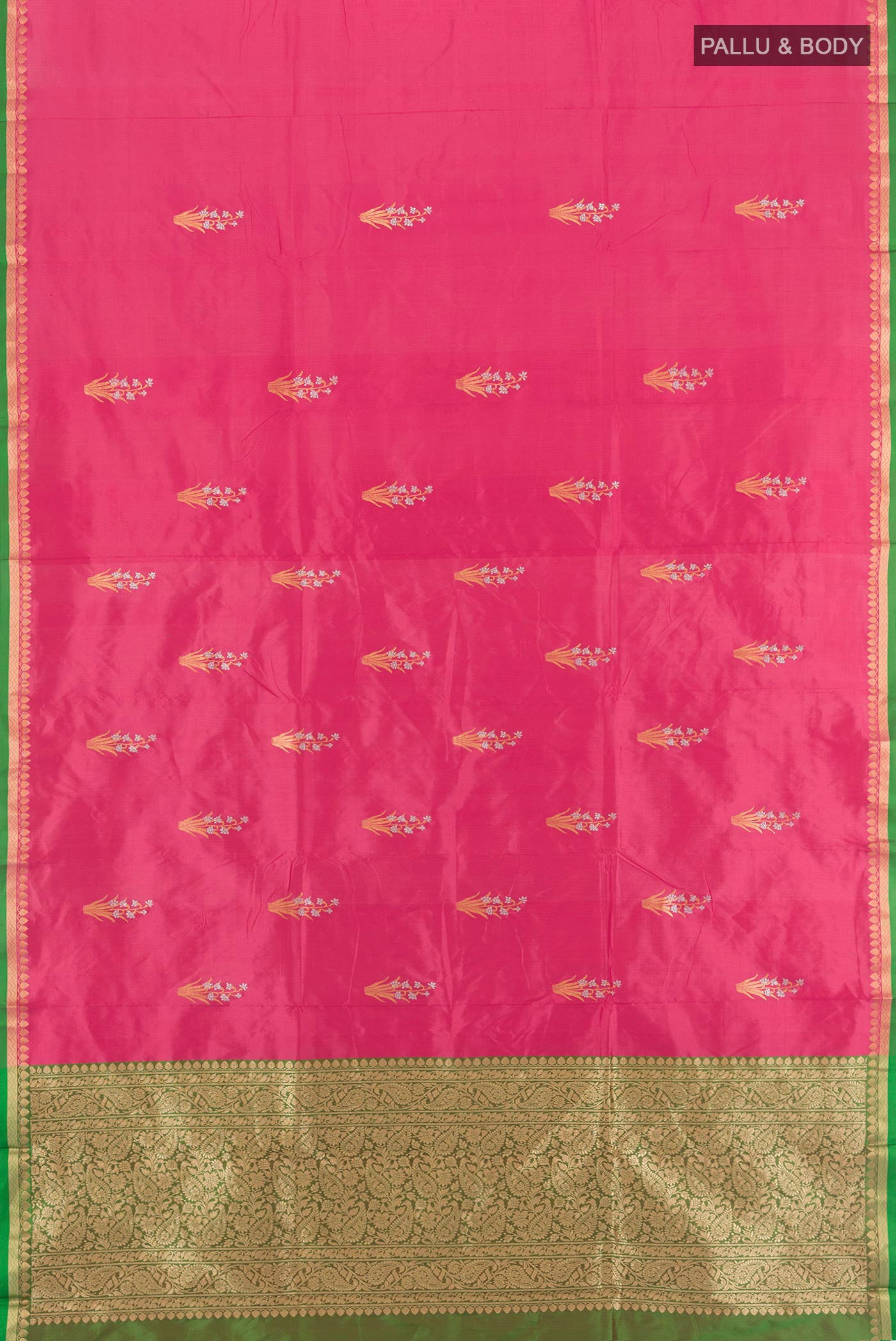 Flat view of Pink Banarasi Katan Silk Saree with Zari Butta on the body and Zari Border. 