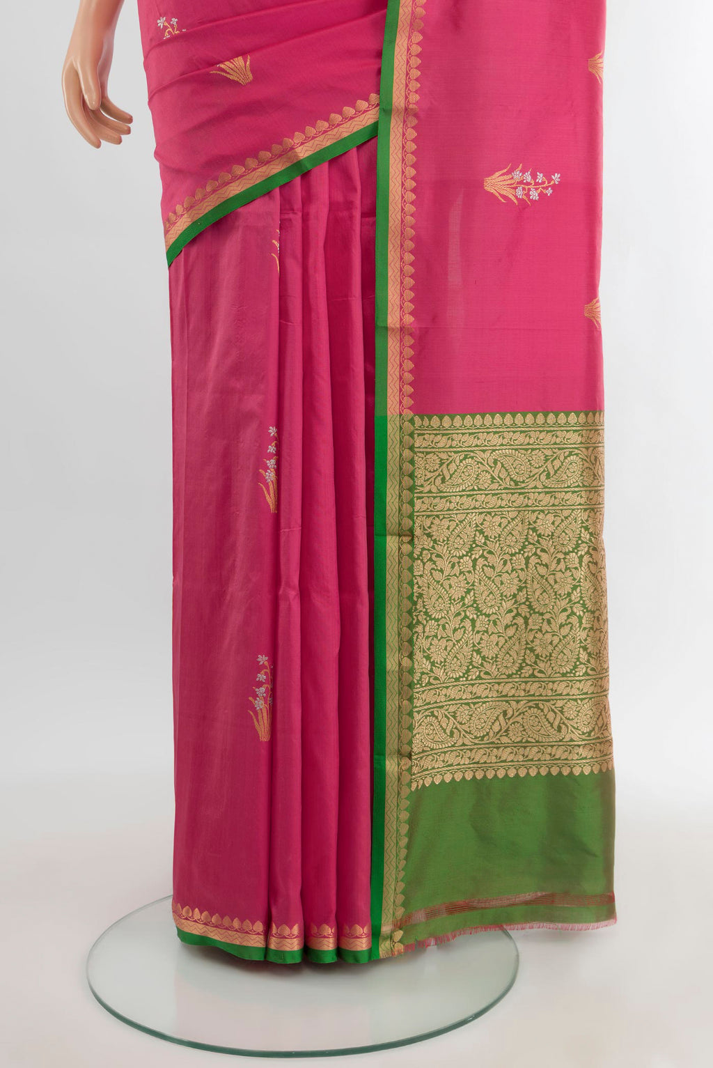 Pleats and pallu of Pink Banarasi Katan Silk Saree with Zari Butta on the body and Zari Border. 