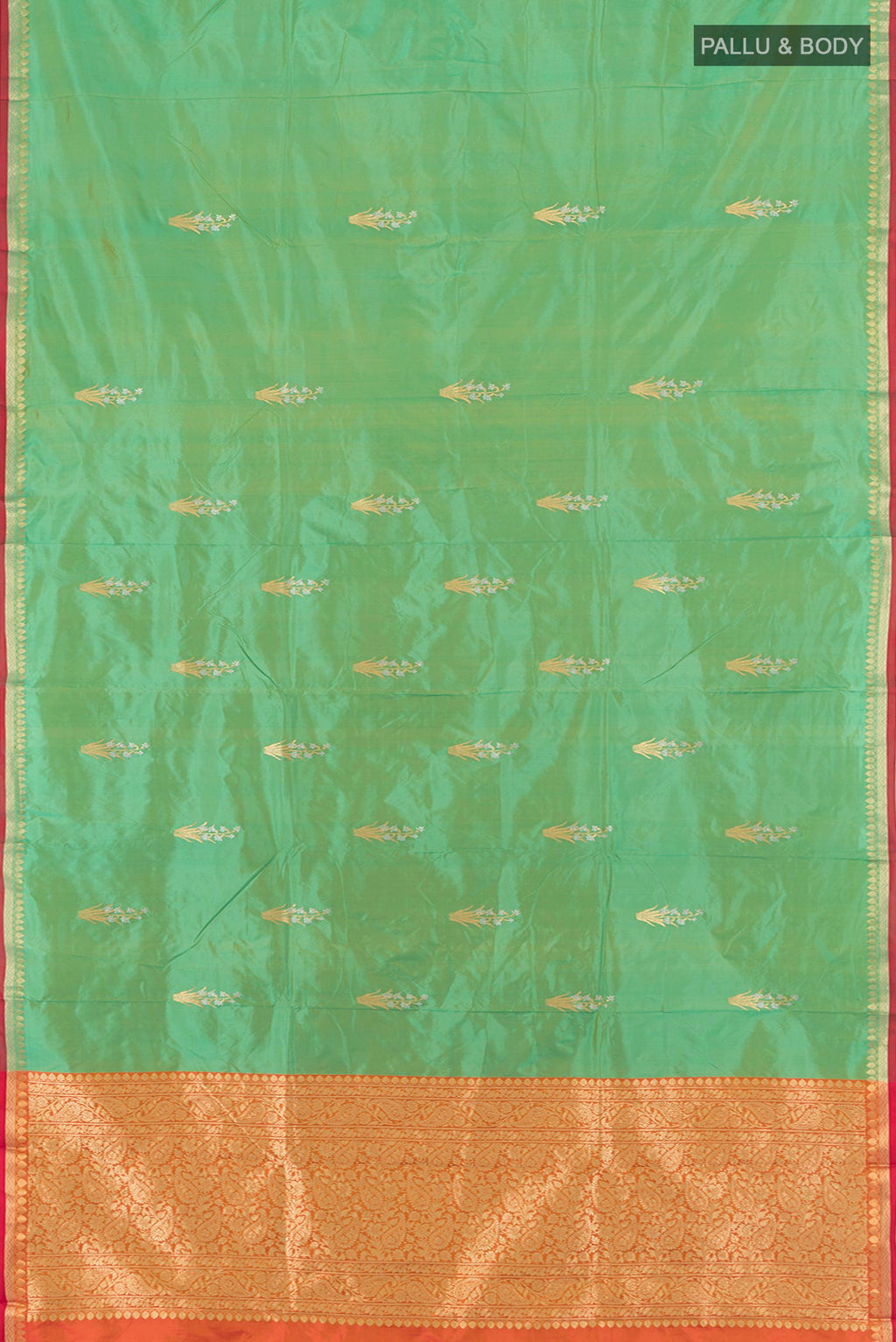 Flat view of Light Green Banarasi Katan Silk Saree with Zari Butta on the body and Zari Border. 