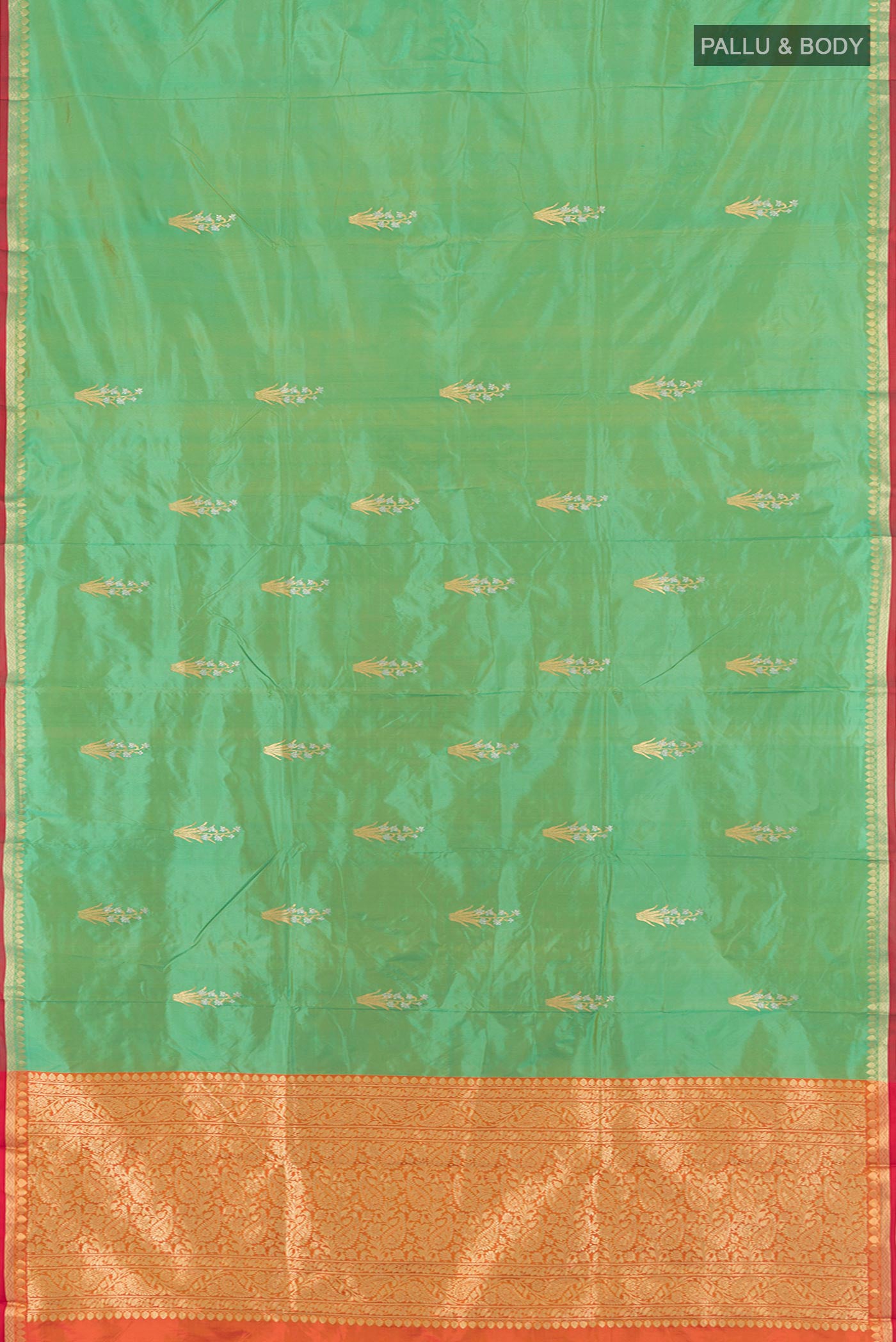Flat view of Light Green Banarasi Katan Silk Saree with Zari Butta on the body and Zari Border. 