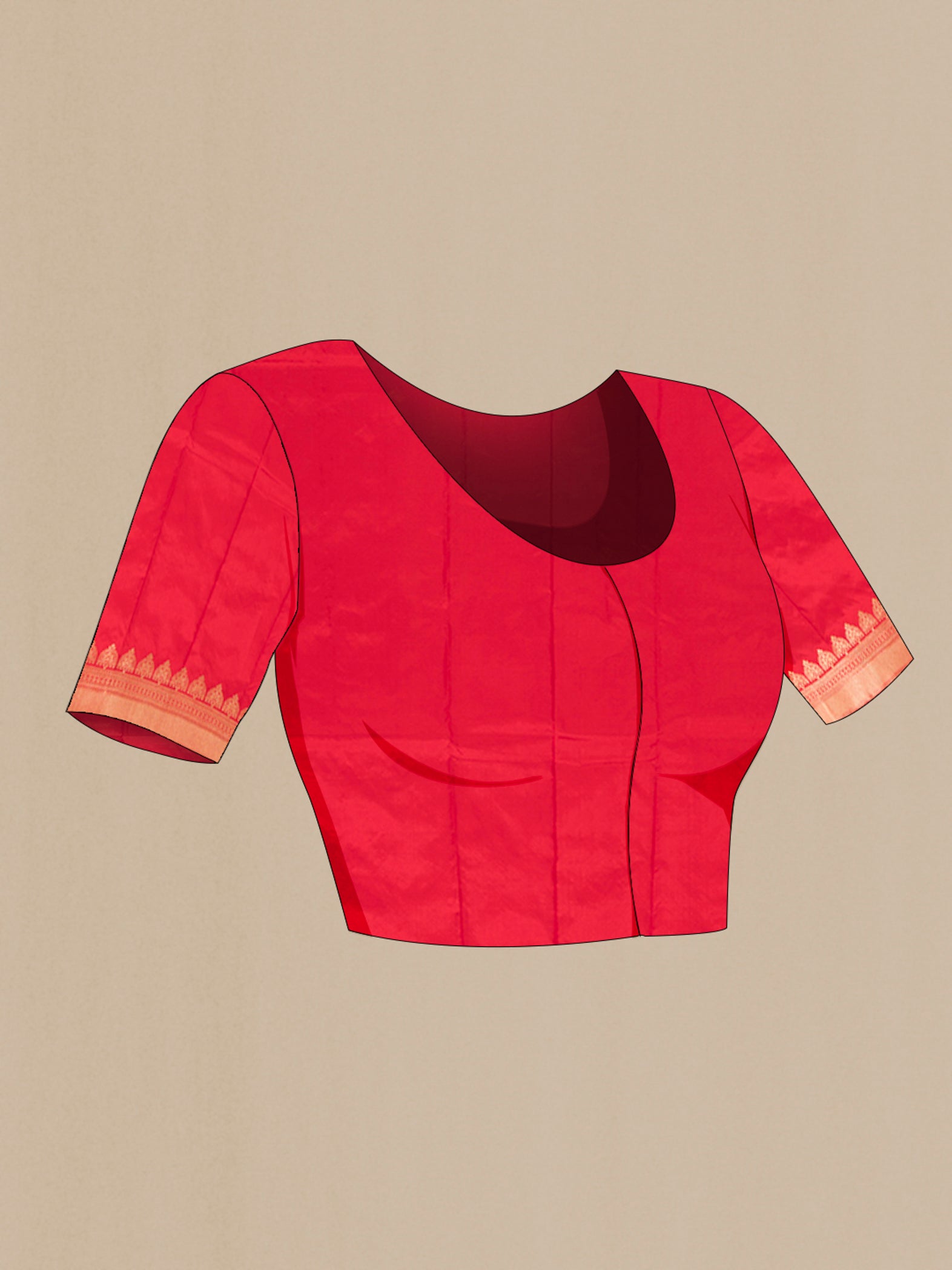 Close up image of the blouse of Red Banarasi Katan Silk Saree with Zari Butta on the body and Zari Border. 