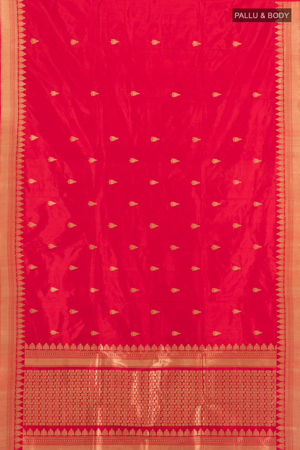 Flat view of Red Banarasi Katan Silk Saree with Zari Butta on the body and Zari Border. 