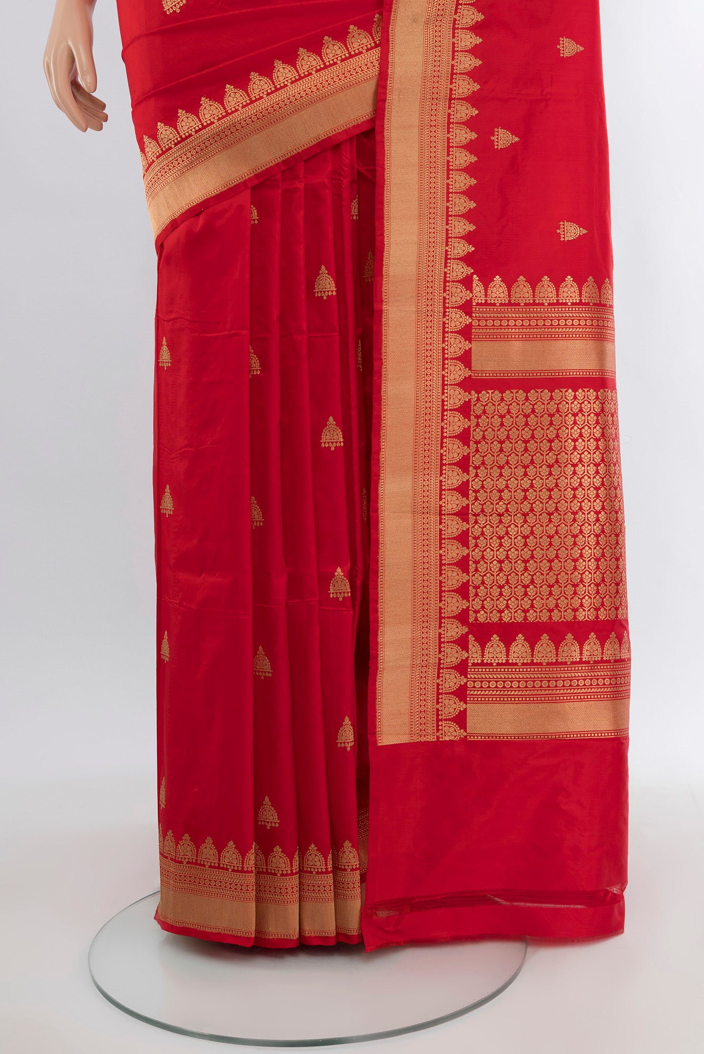 Pleats and pallu of Red Banarasi Katan Silk Saree with Zari Butta on the body and Zari Border. 