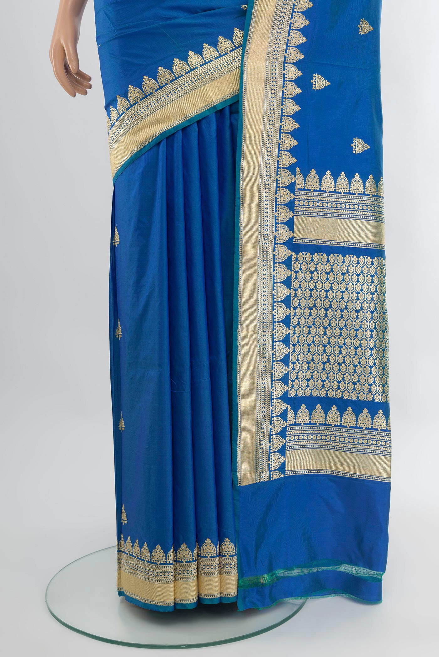 Pleats and pallu of Royal Blue Banarasi Katan Silk Saree with Zari Butta on the body and Fancy Border. 