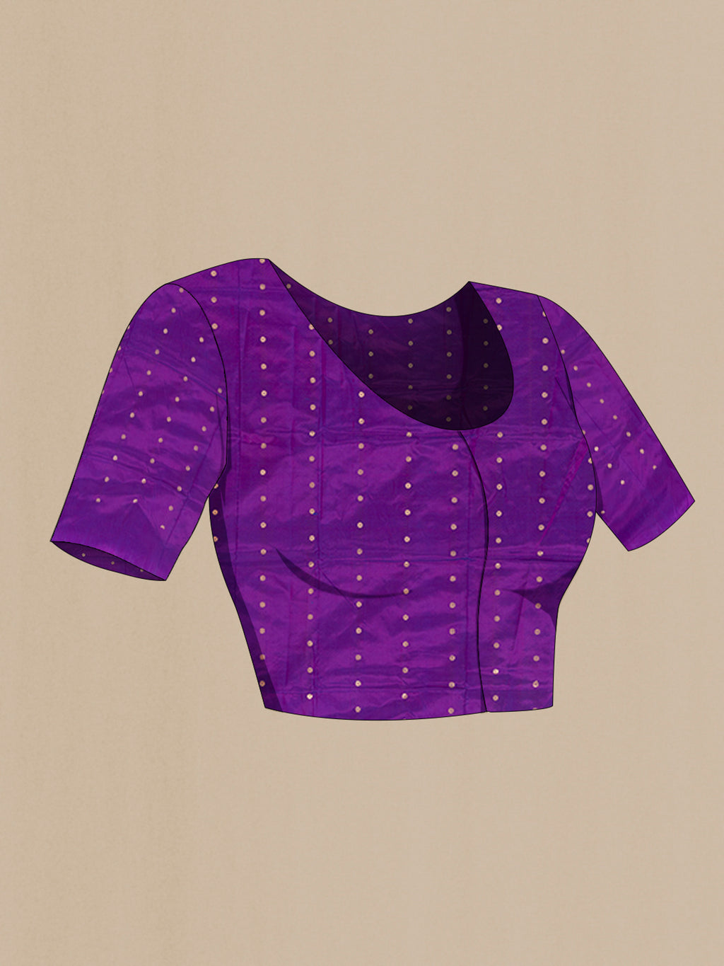 Close up image of the blouse of Violet Banarasi Katan Silk Saree with Zari Butta on the body and Zari Border. 