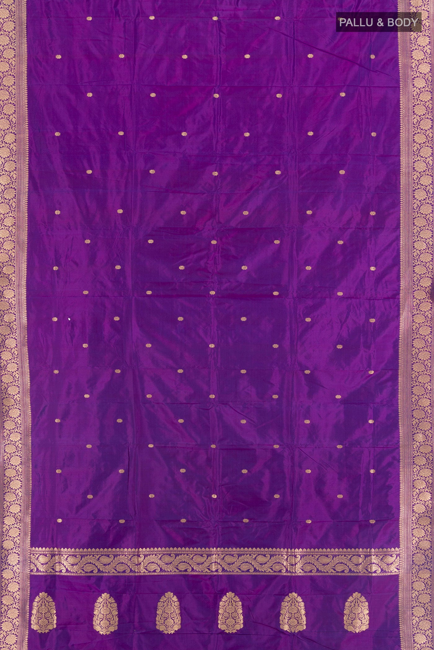 Flat view of Violet Banarasi Katan Silk Saree with Zari Butta on the body and Zari Border. 