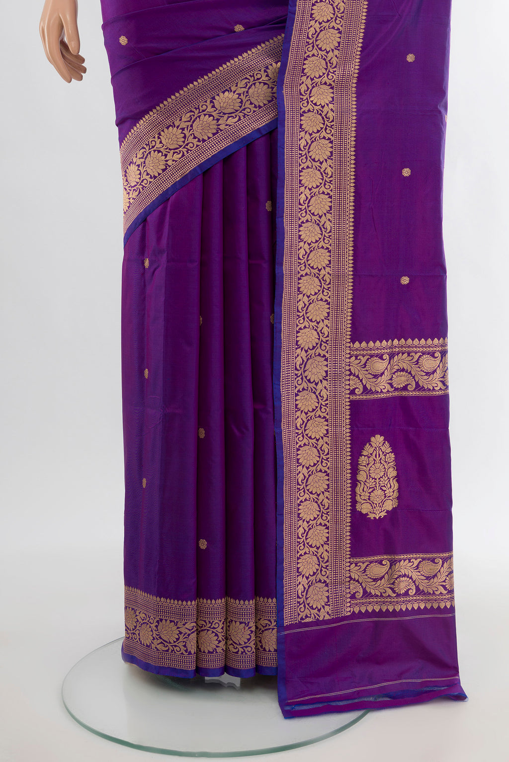 Pleats and pallu of Violet Banarasi Katan Silk Saree with Zari Butta on the body and Zari Border. 