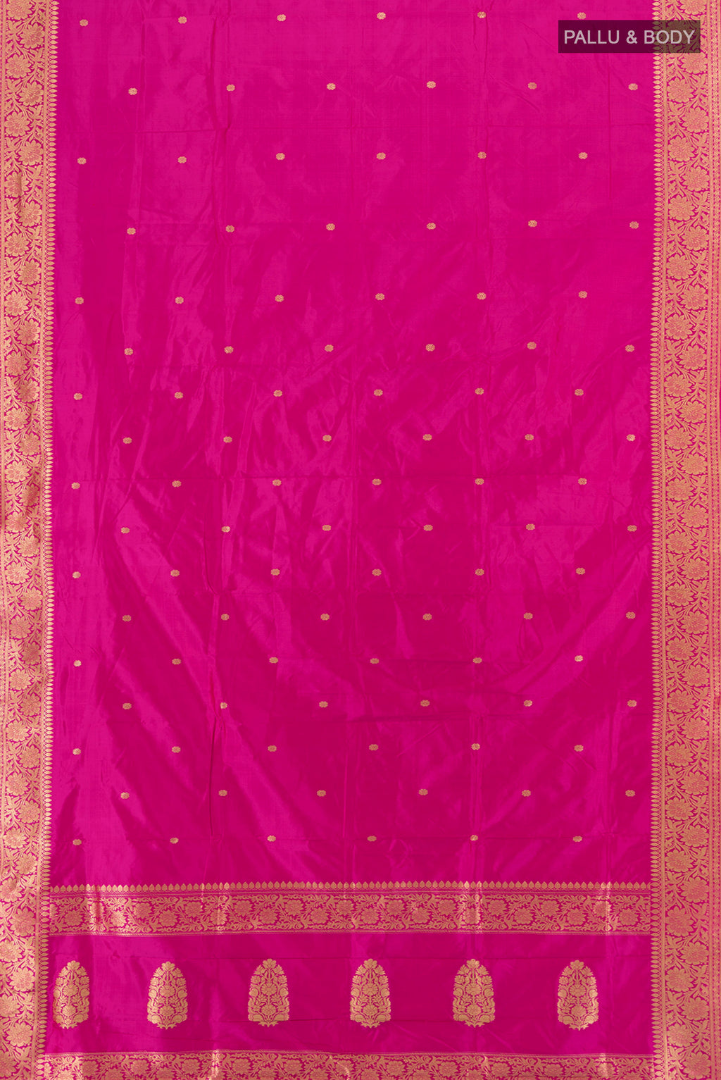 Flat view of Magenta Banarasi Katan Silk Saree with Zari Butta on the body and Zari Border. 
