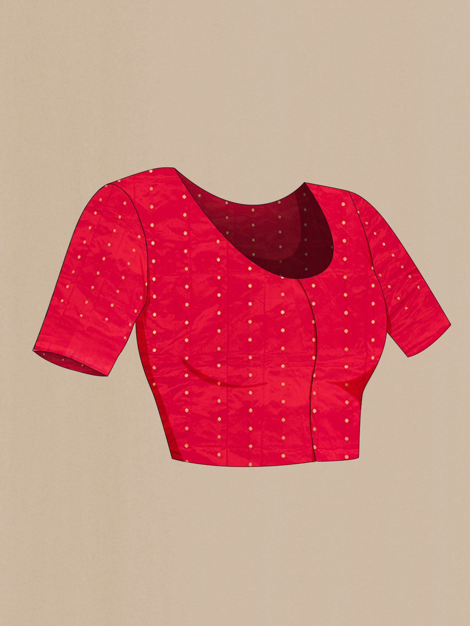 Close up image of the blouse of Red Banarasi Katan Silk Saree with Zari Butta on the body and Zari Border. 