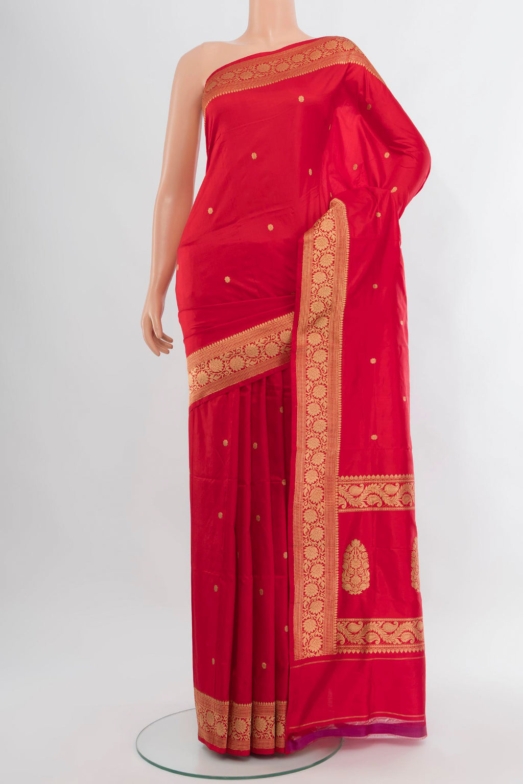 Red Banarasi Katan Silk Saree with Zari Butta on the body and Zari Border.  displayed on a mannequin