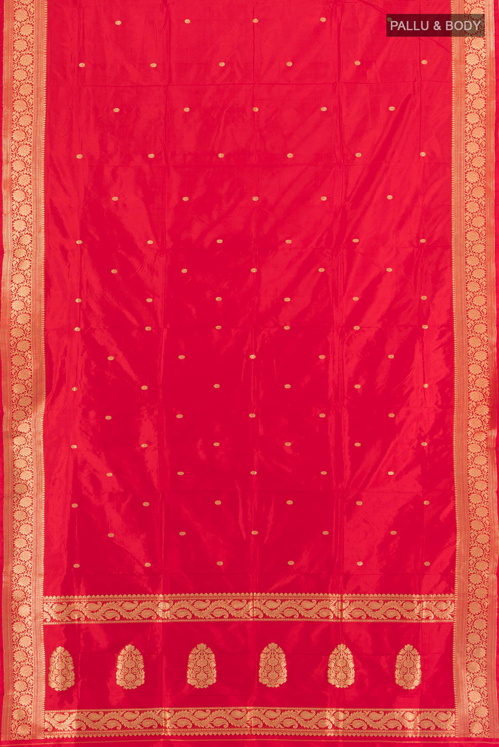 Flat view of Red Banarasi Katan Silk Saree with Zari Butta on the body and Zari Border. 