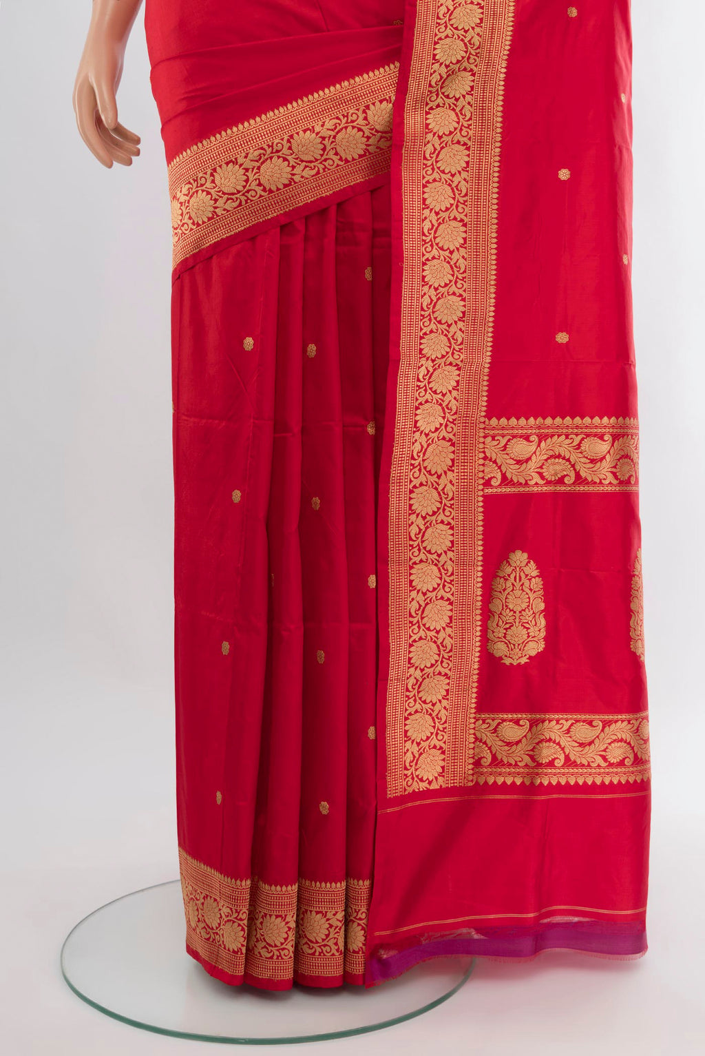 Pleats and pallu of Red Banarasi Katan Silk Saree with Zari Butta on the body and Zari Border. 