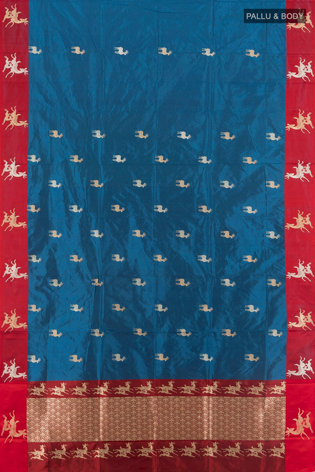 Flat view of Pure Silk Blue Banarasi Katan Saree with Zari Butta on the body and Plain Border. 