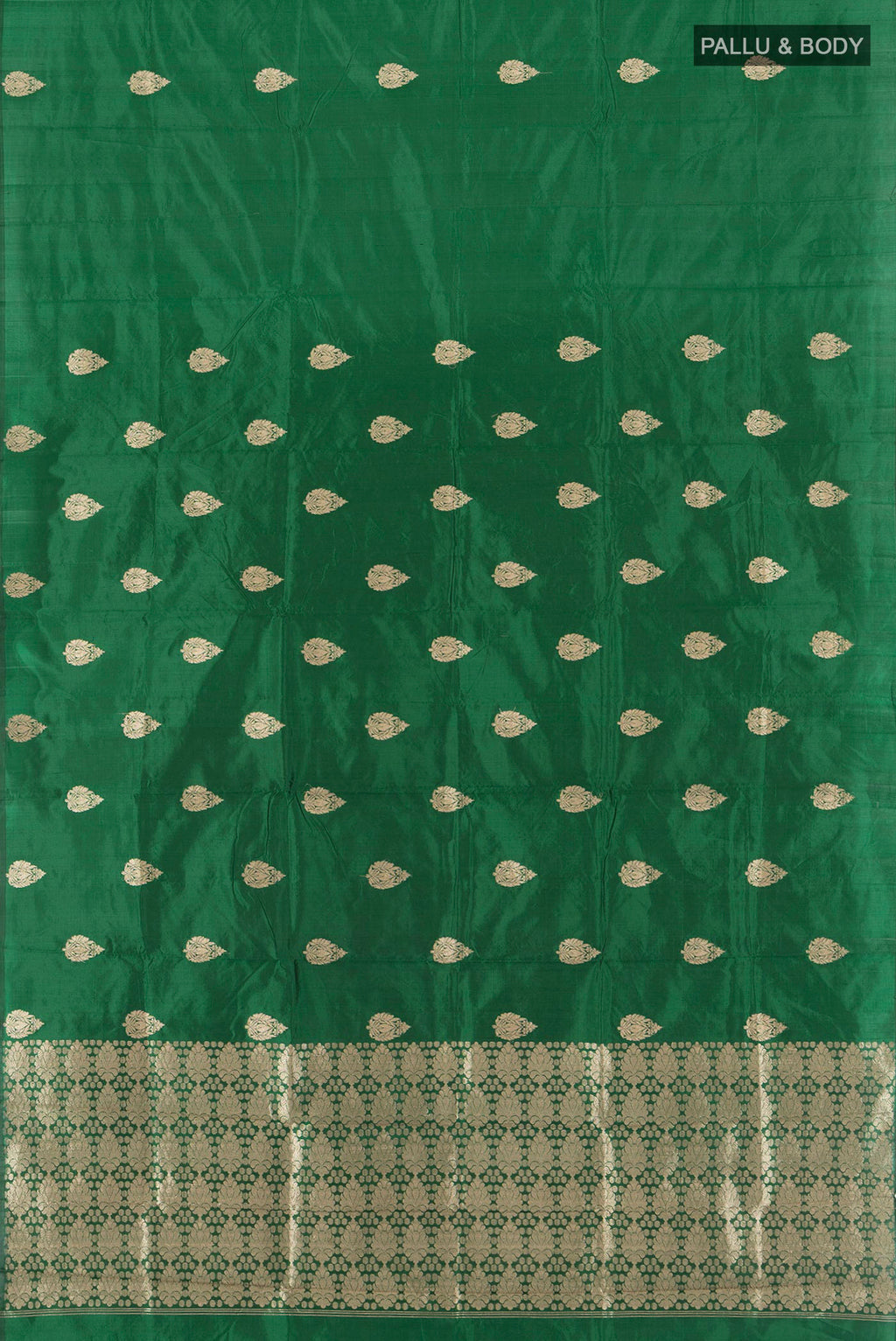 Flat view of Bottle Green Banarasi Katan Silk Saree with Zari Butta on the body and Without Border. 