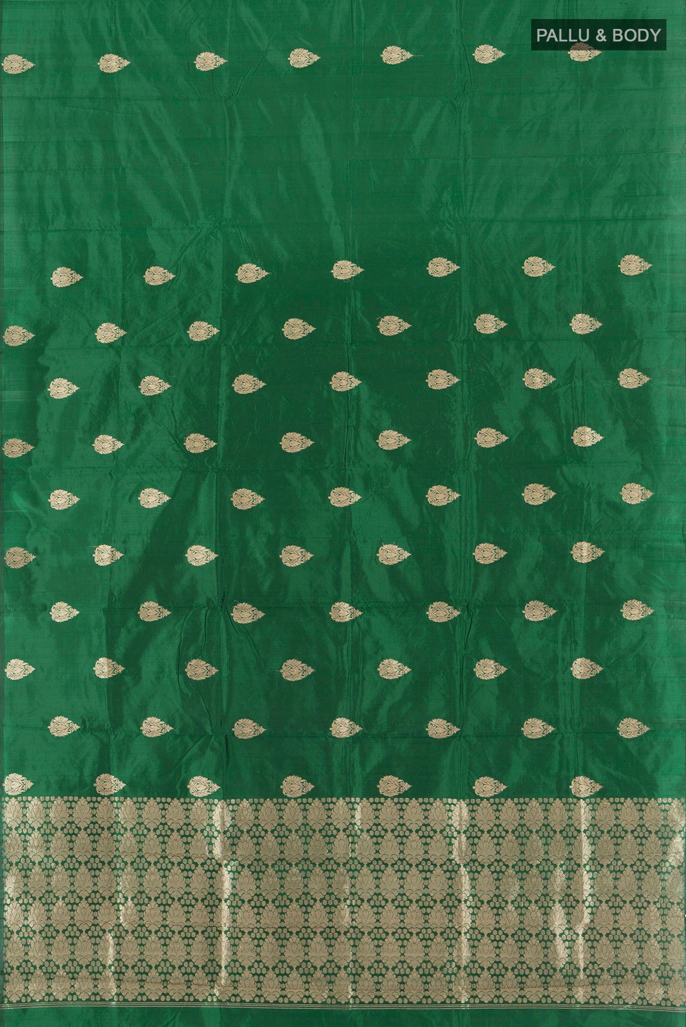 Flat view of Bottle Green Banarasi Katan Silk Saree with Zari Butta on the body and Without Border. 
