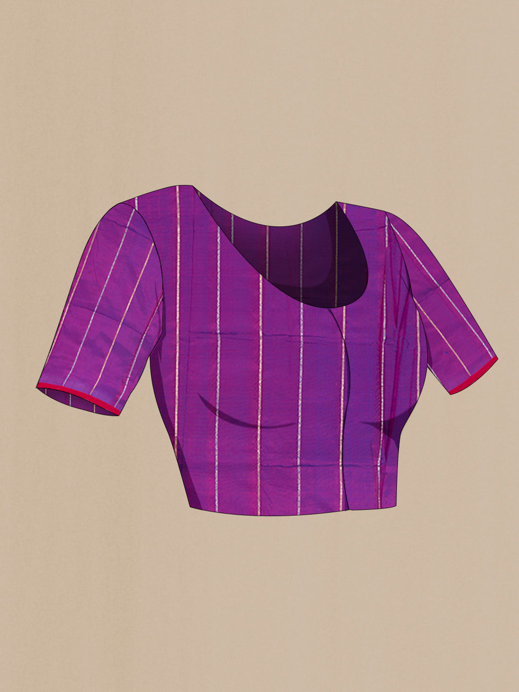 Close up image of the blouse of Purple Banarasi Katan Silk Saree with Zari Butta on the body and Without Border. 
