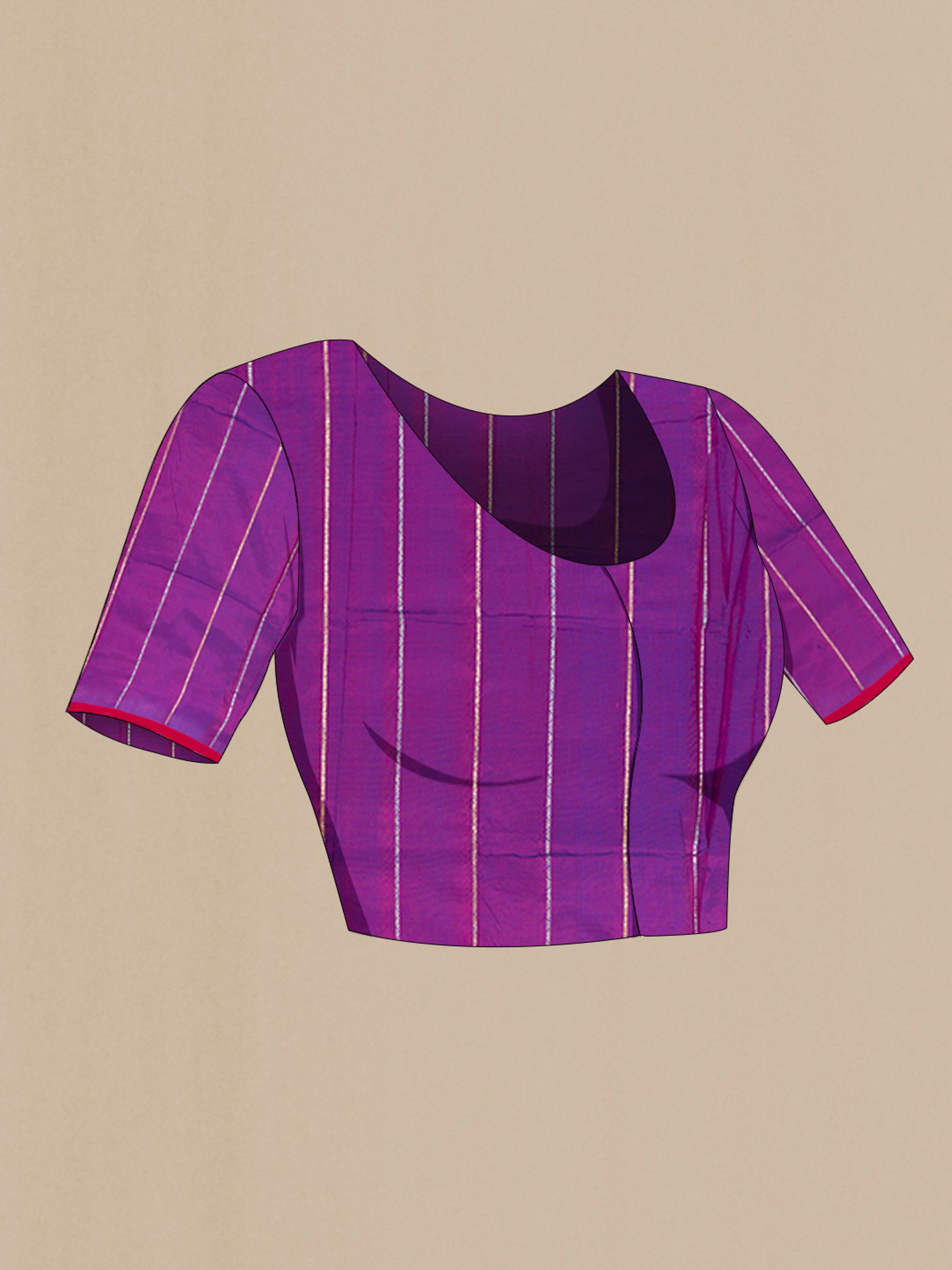 Close up image of the blouse of Purple Banarasi Katan Silk Saree with Zari Butta on the body and Without Border. 