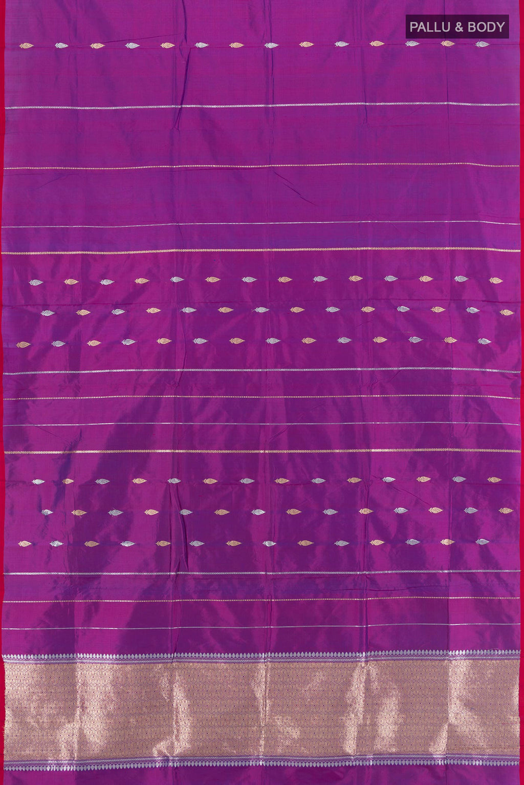 Flat view of Purple Banarasi Katan Silk Saree with Zari Butta on the body and Without Border. 