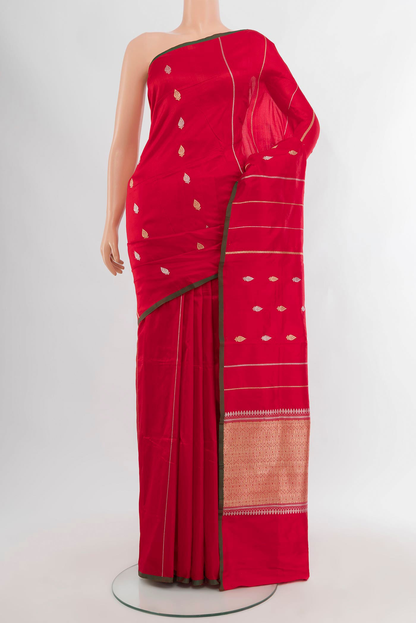 Red Banarasi Katan Silk Saree with Stripes on the body and Without Border.  displayed on a mannequin
