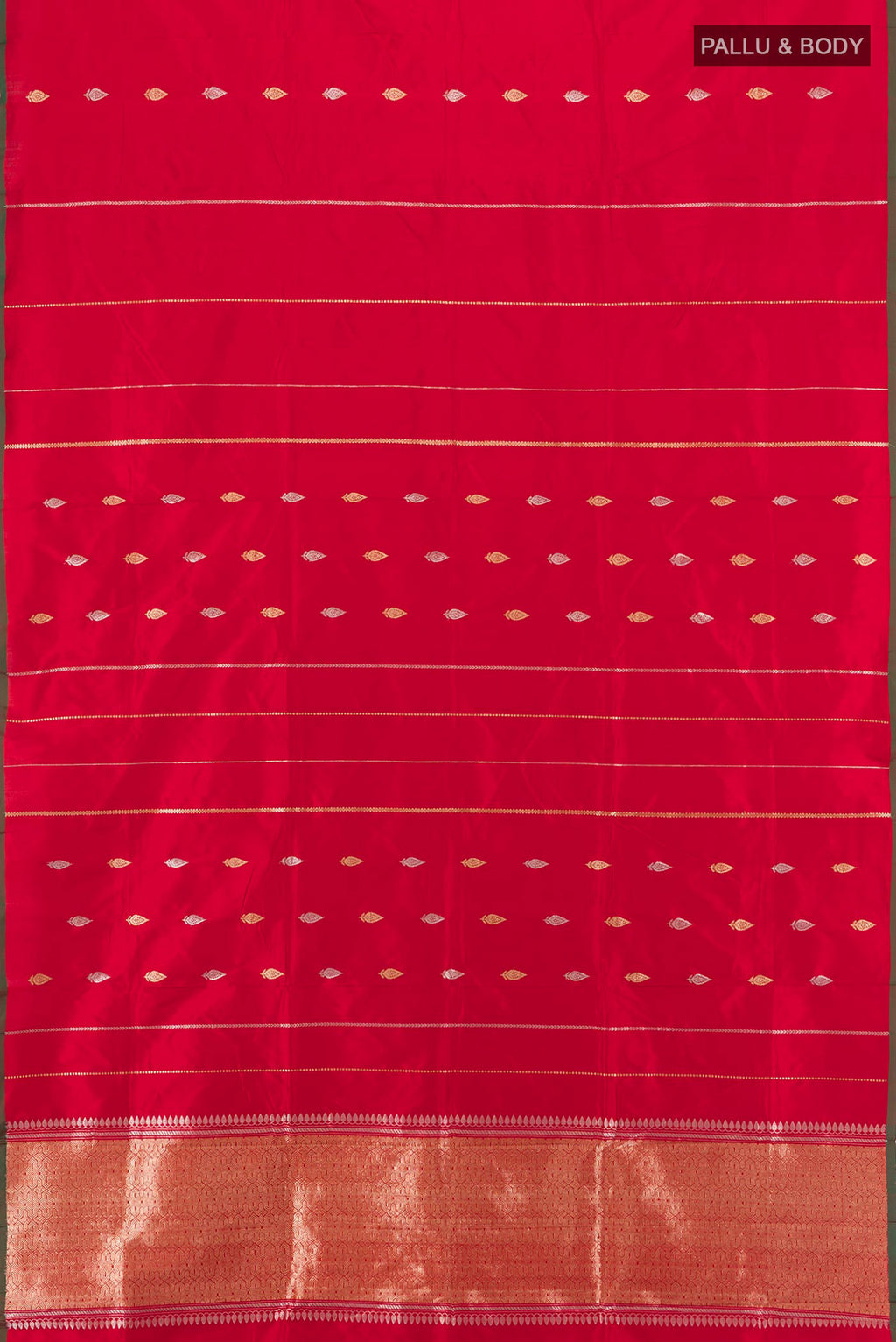 Flat view of Red Banarasi Katan Silk Saree with Stripes on the body and Without Border. 