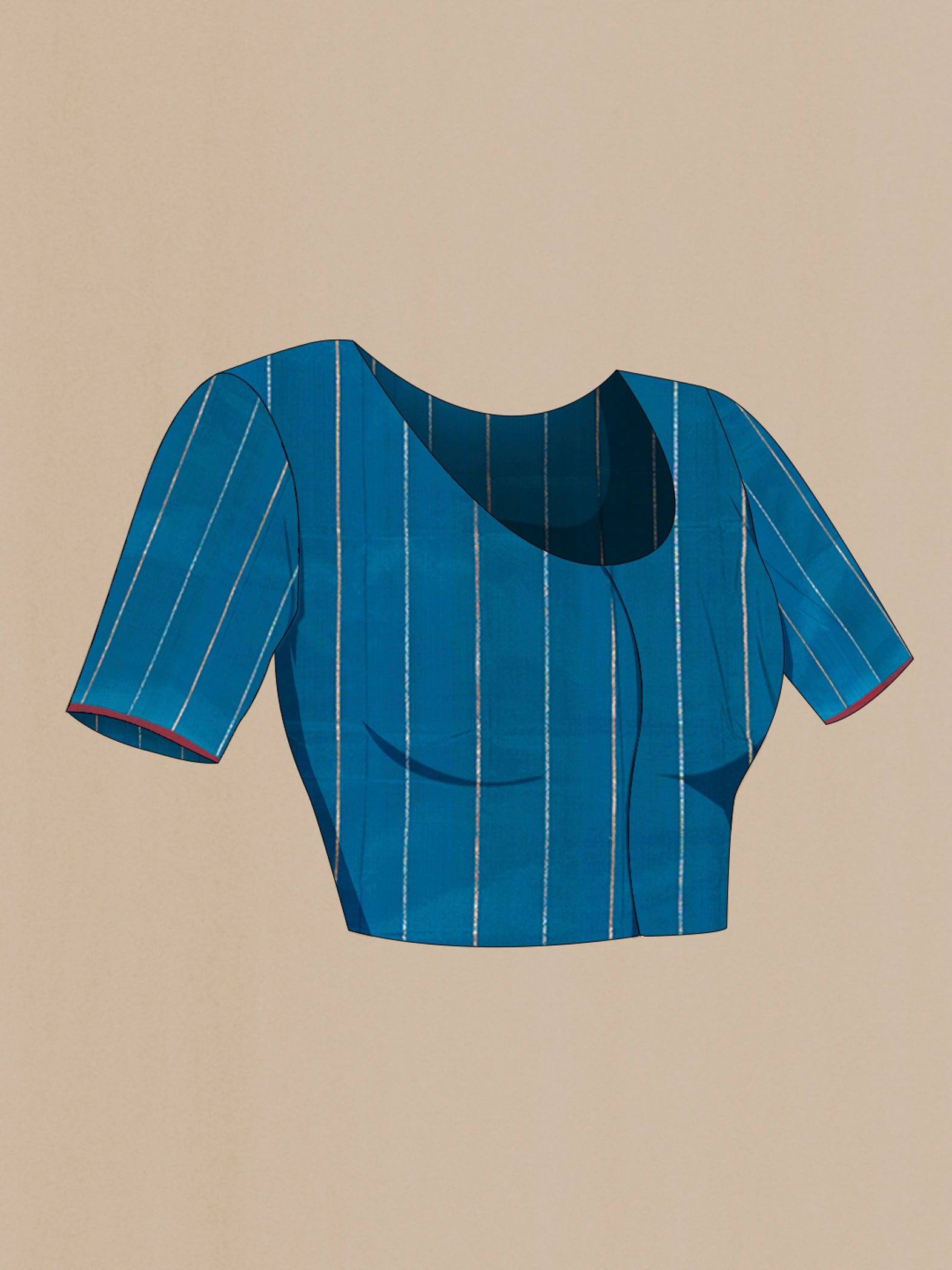 Close up image of the blouse of Blue Banarasi Katan Silk Saree with Stripes on the body and Without Border. 