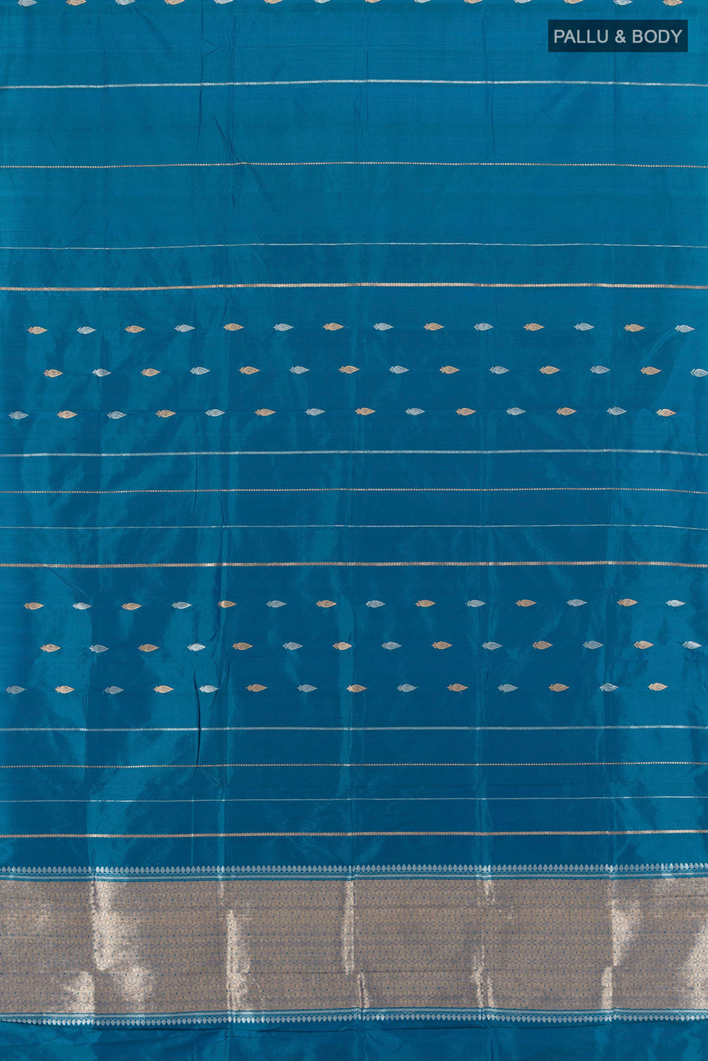 Flat view of Blue Banarasi Katan Silk Saree with Stripes on the body and Without Border. 