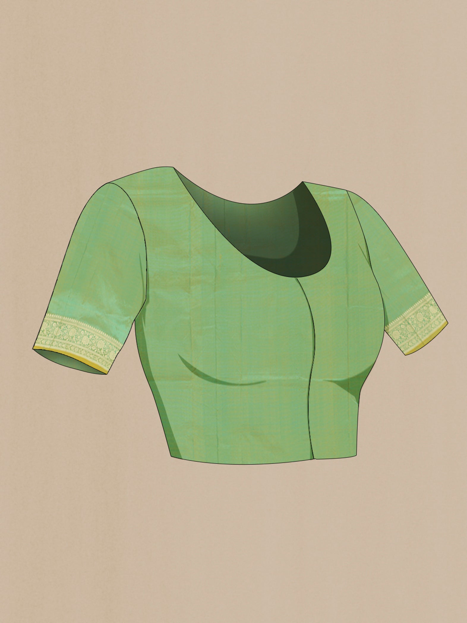 Close up image of the blouse of Light Green Banarasi Katan Silk Saree with Zari Butta on the body and Zari Border. 