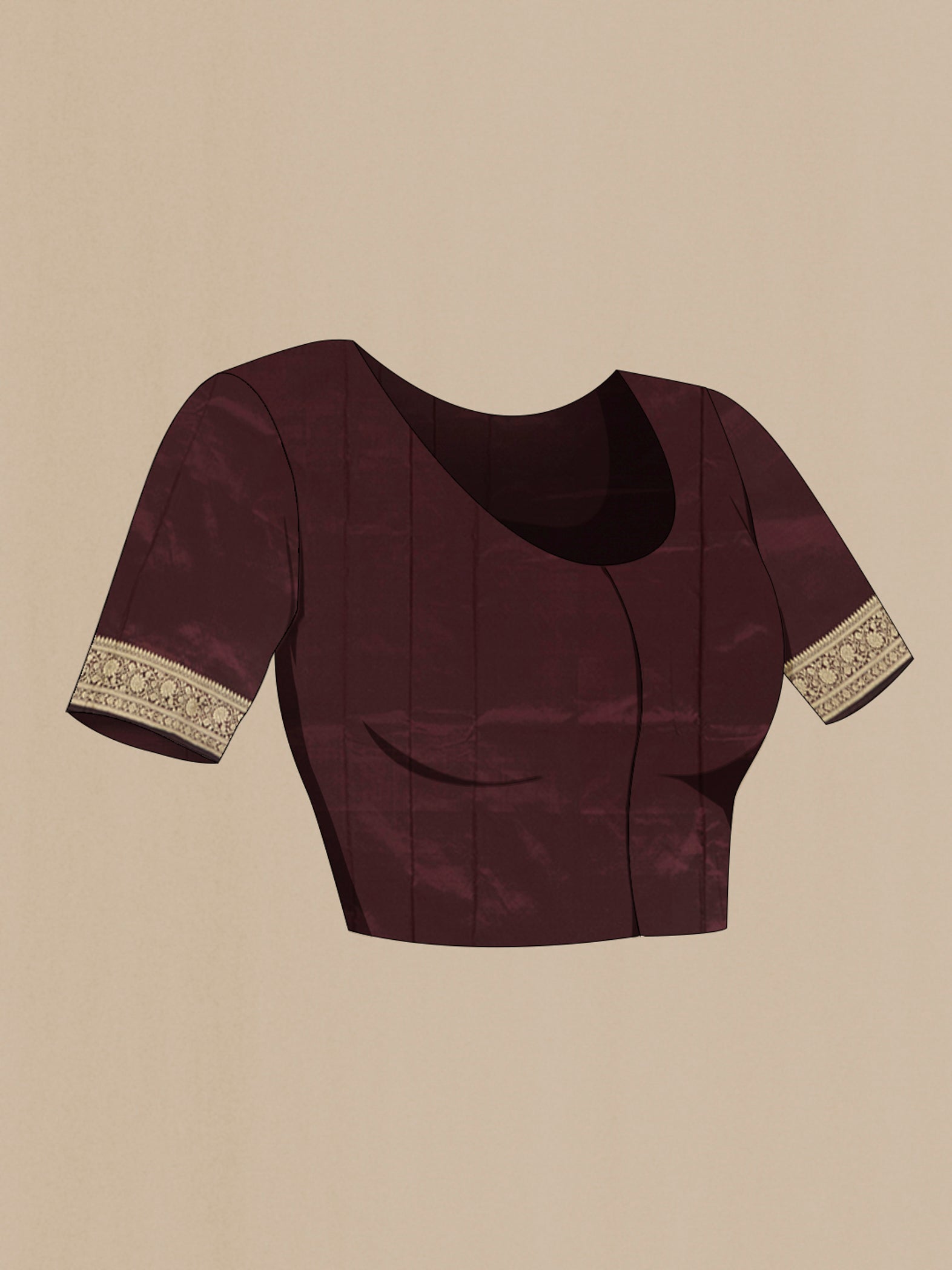 Close up image of the blouse of Coffee Brown Banarasi Katan Silk Saree with Thread Butta on the body and Thread Border. 