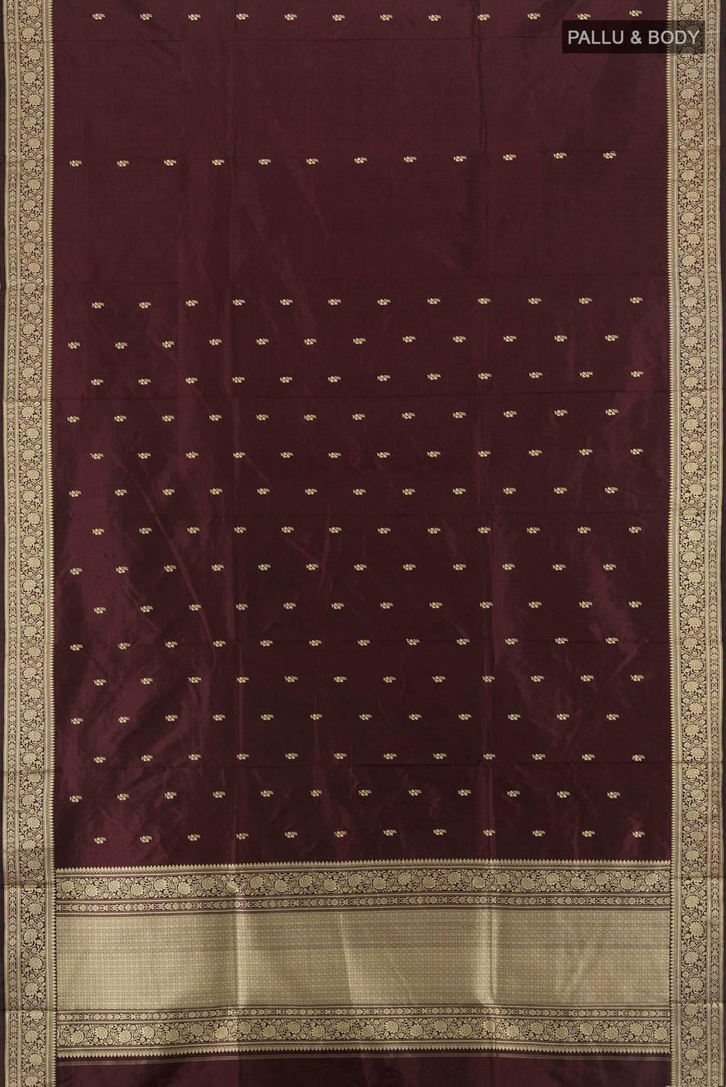 Flat view of Coffee Brown Banarasi Katan Silk Saree with Thread Butta on the body and Thread Border. 