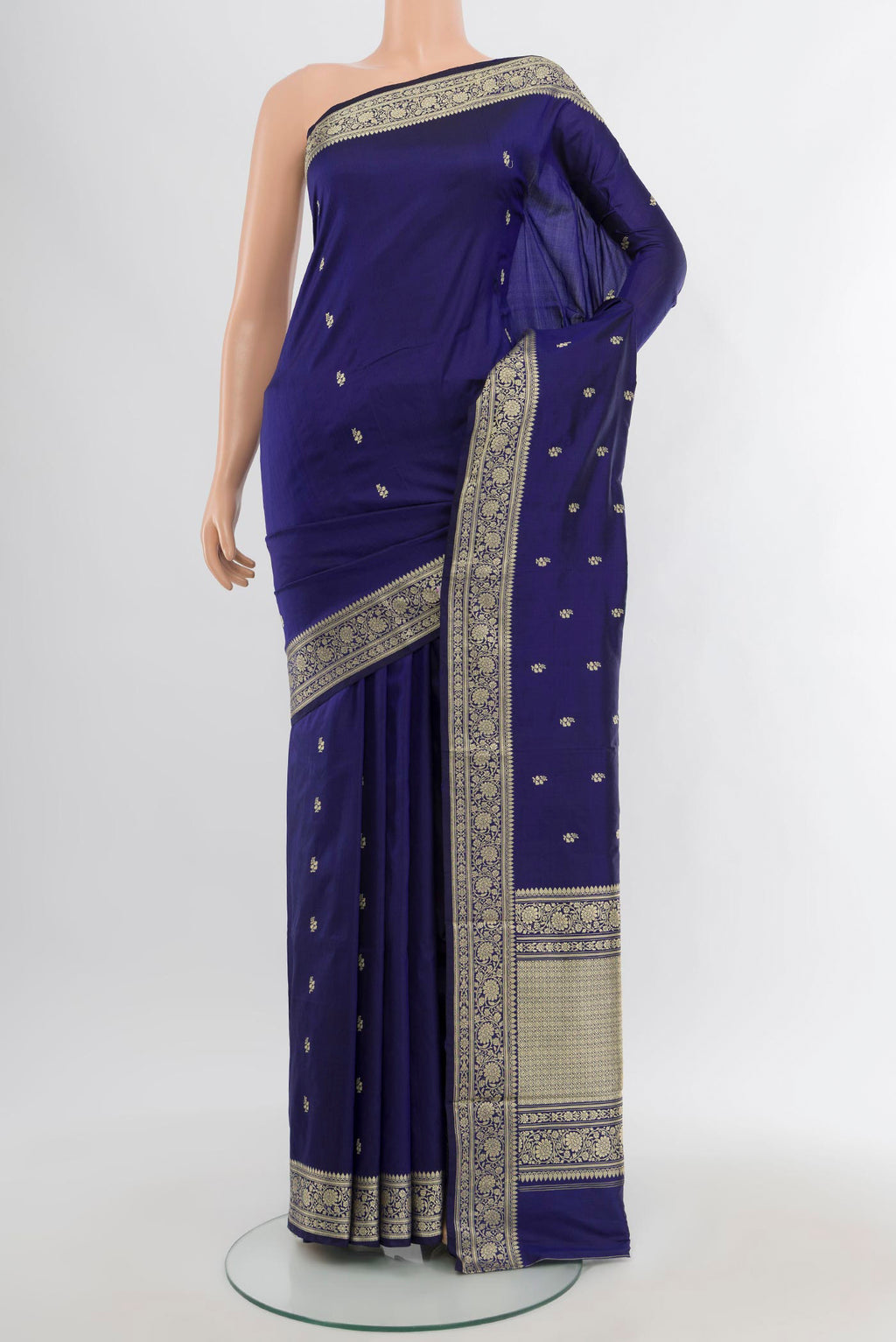 Navy Blue Banarasi Katan Silk Saree with Thread Butta on the body and Thread Border.  displayed on a mannequin