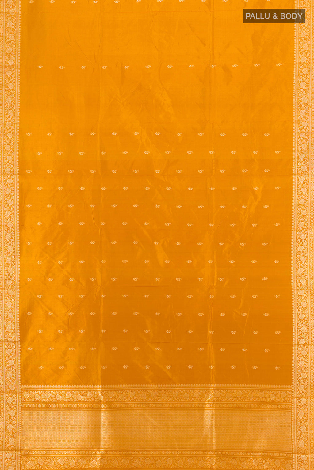 Flat view of Yellow Banarasi Katan Silk Saree with Zari Butta on the body and Silk Border. 
