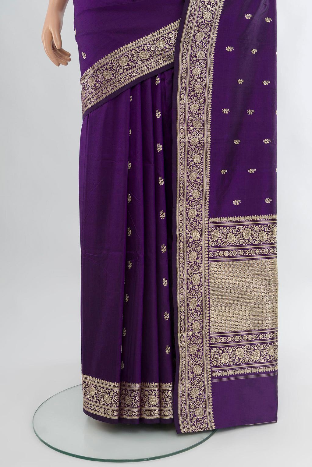 Pleats and pallu of Violet Banarasi Katan Silk Saree with Thread Butta on the body and Thread Border. 