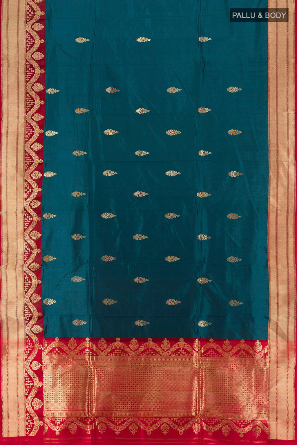 Flat view of Blue Banarasi Katan Silk Saree with Zari Butta on the body and Zari Border. 