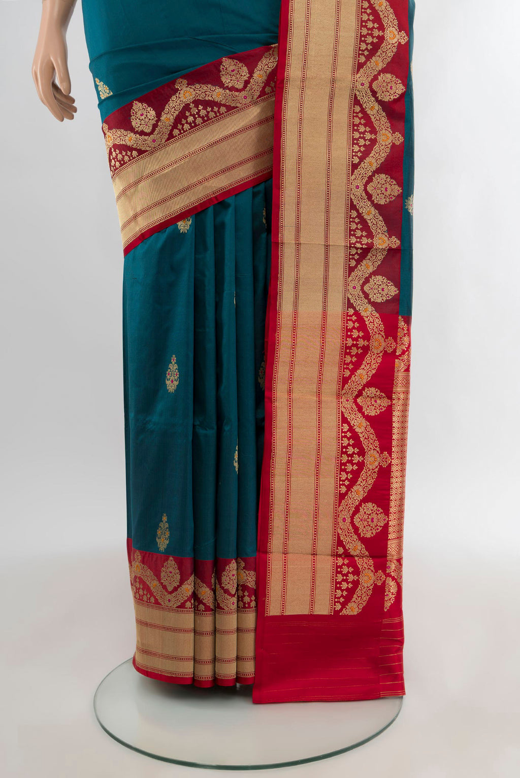 Pleats and pallu of Blue Banarasi Katan Silk Saree with Zari Butta on the body and Zari Border. 