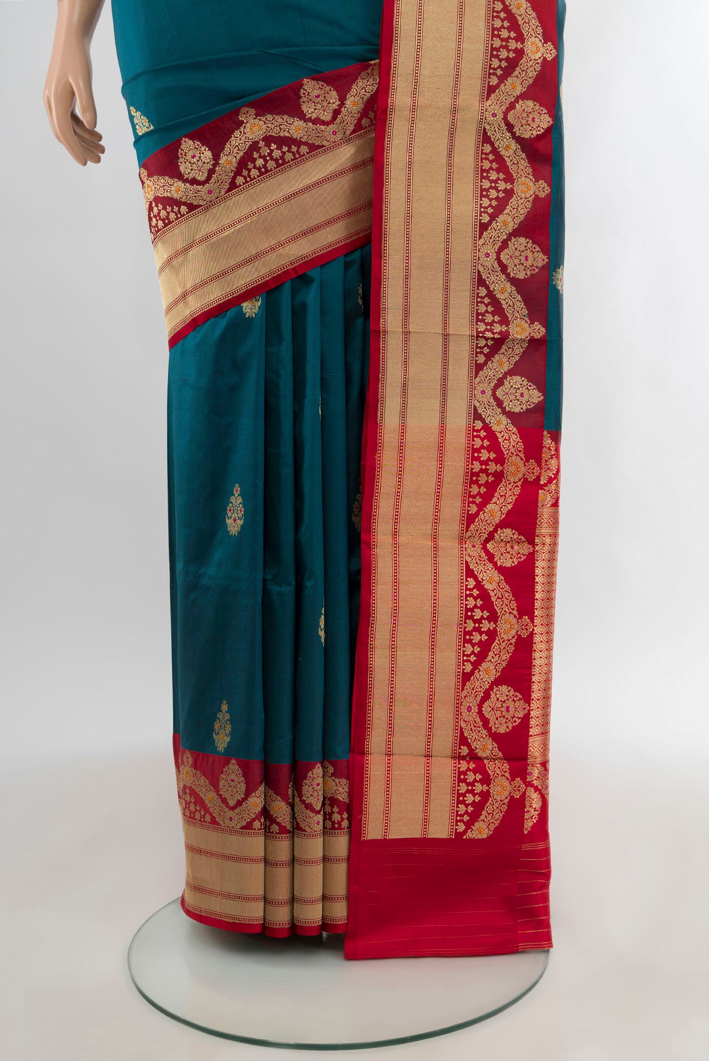 Pleats and pallu of Blue Banarasi Katan Silk Saree with Zari Butta on the body and Zari Border. 