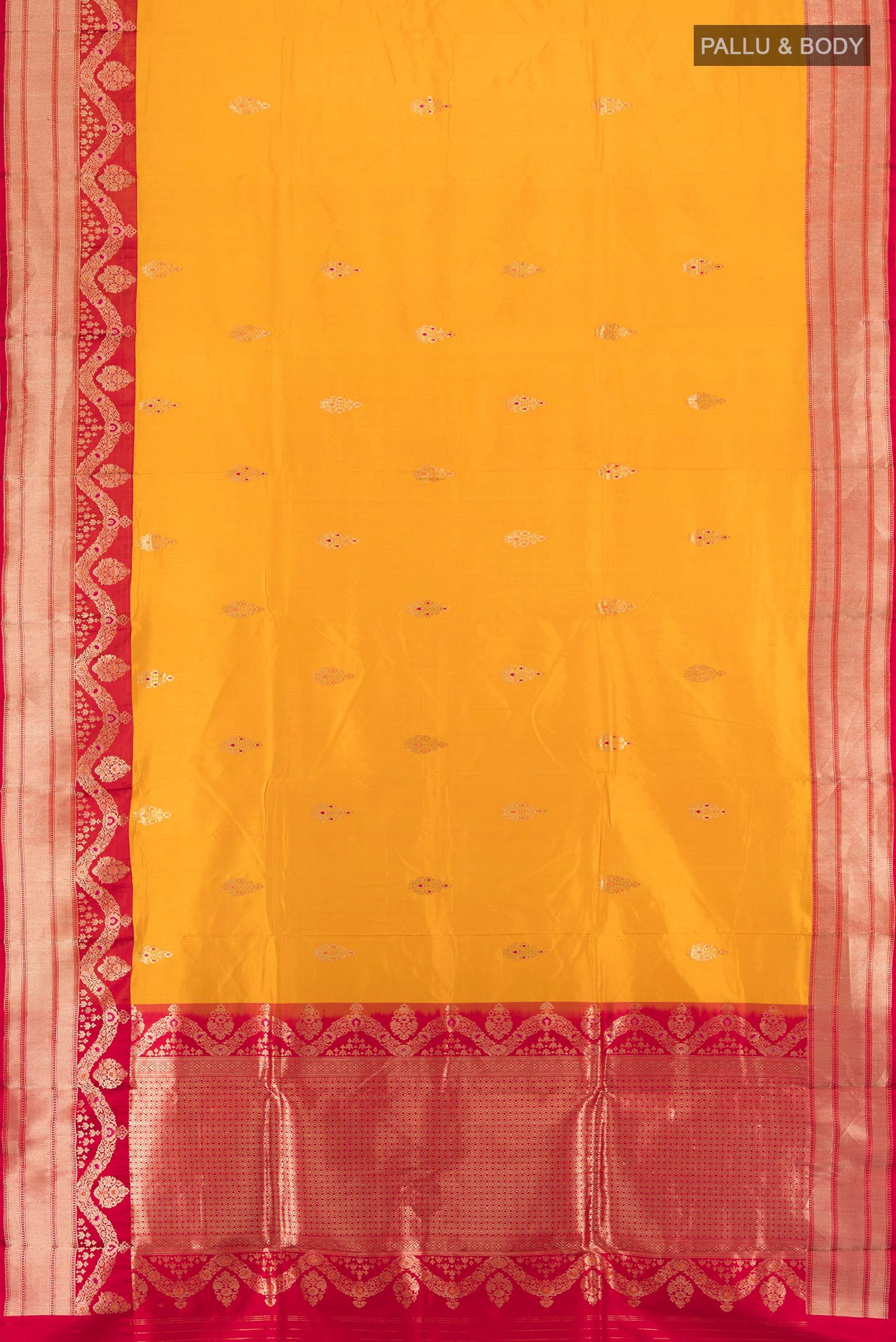 Flat view of Yellow Banarasi Katan Silk Saree with Zari Butta on the body and Zari Border. 