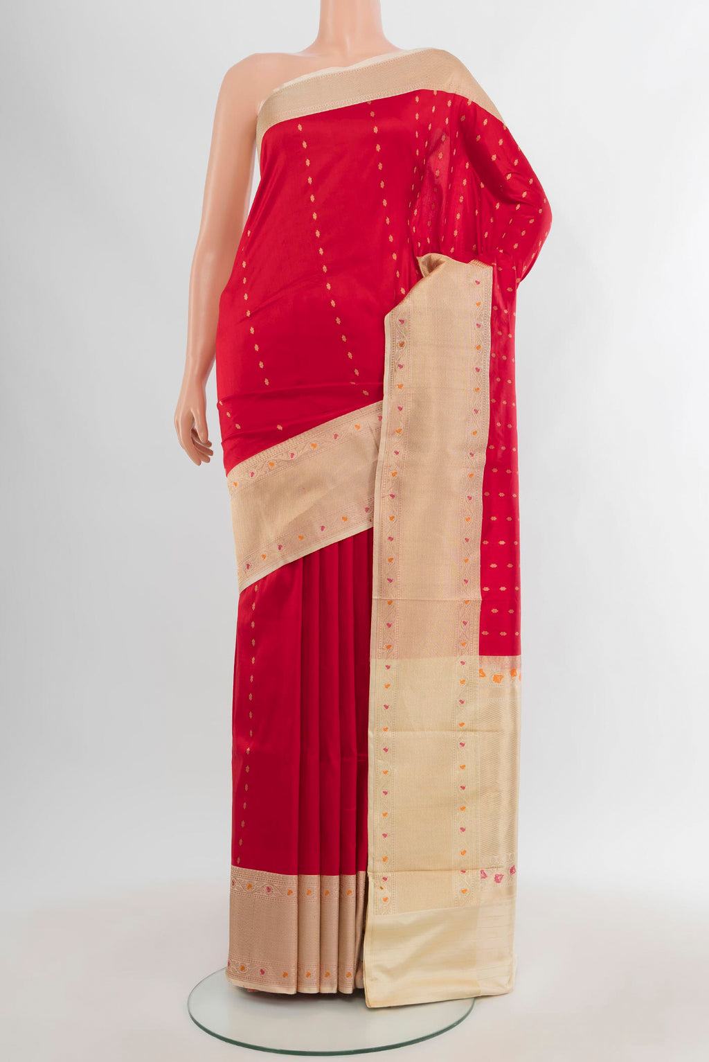 Red Banarasi Katan Silk Saree with Zari Butta on the body and Zari Border.  displayed on a mannequin